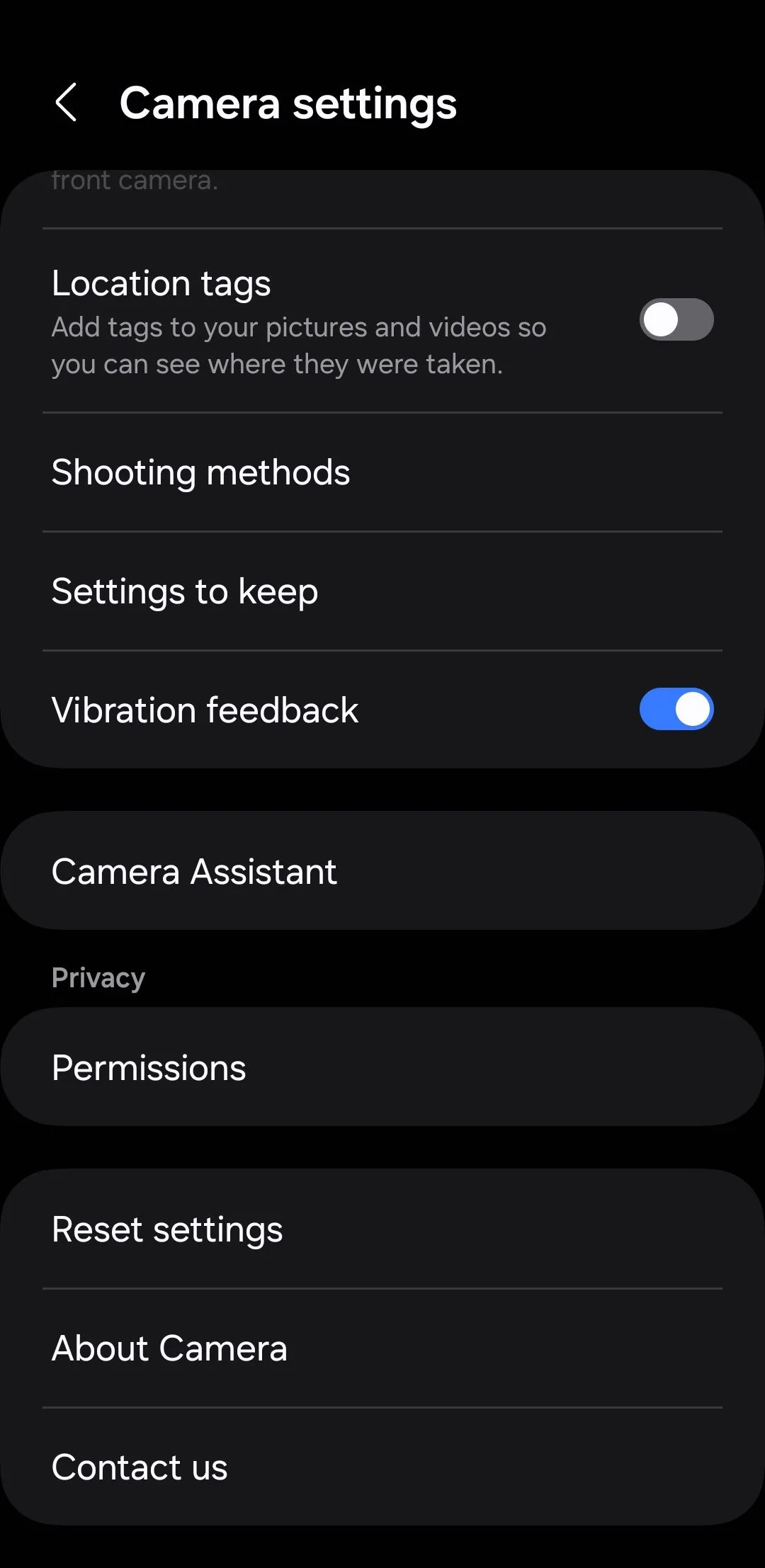 Menu cài đặt Camera Assistant trên điện thoại Samsung