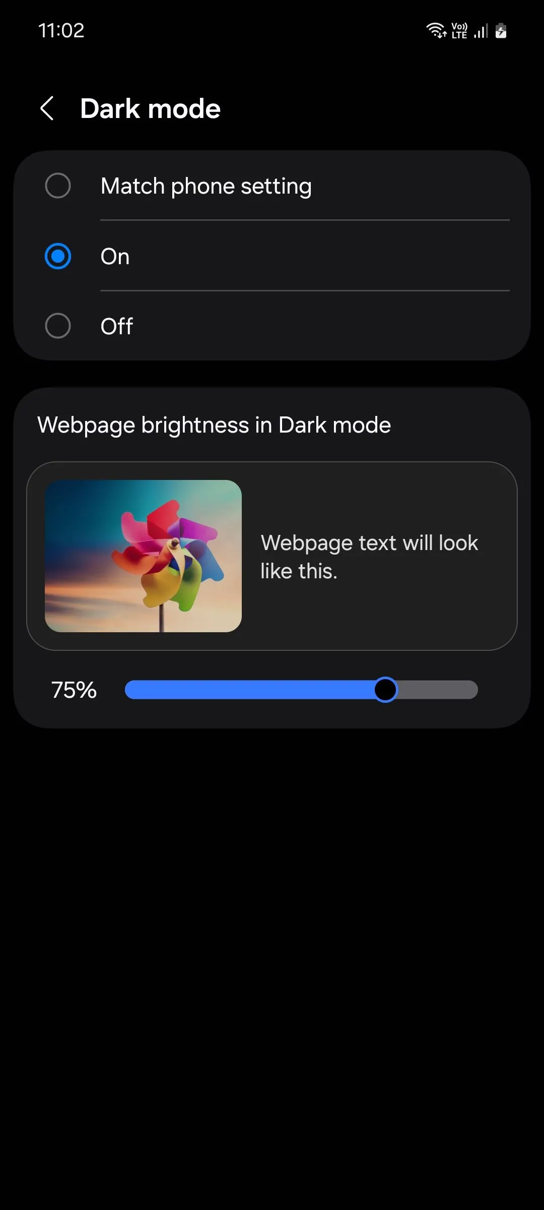 Menu cài đặt chế độ tối (Dark mode) trong trình duyệt Samsung Internet