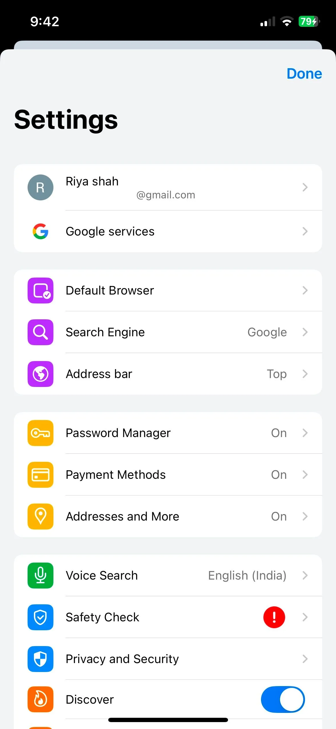 Menu cài đặt Chrome trên iOS