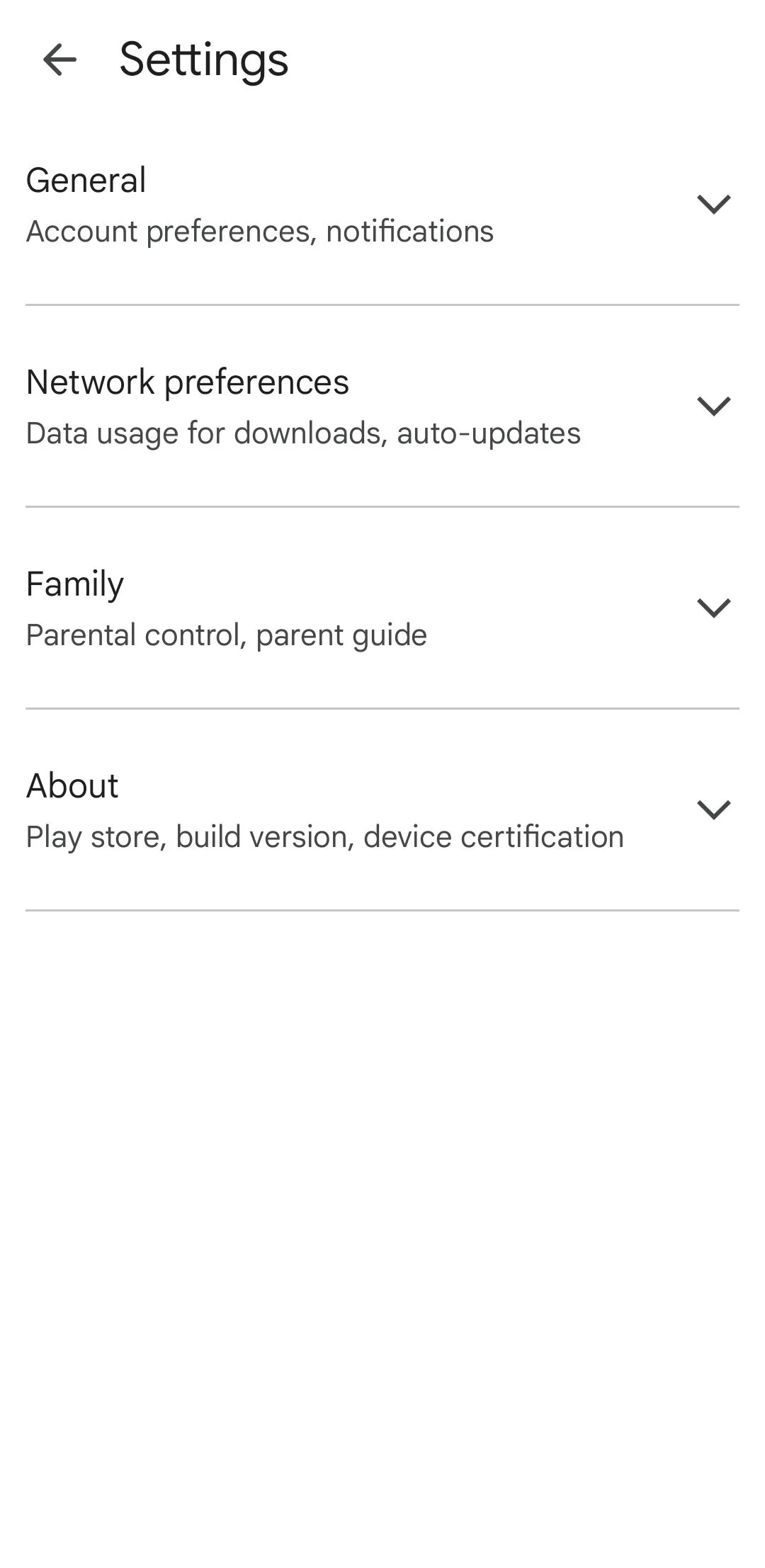 Menu cài đặt của Google Play Store trên Android, hiển thị mục &quot;Gia đình&quot;