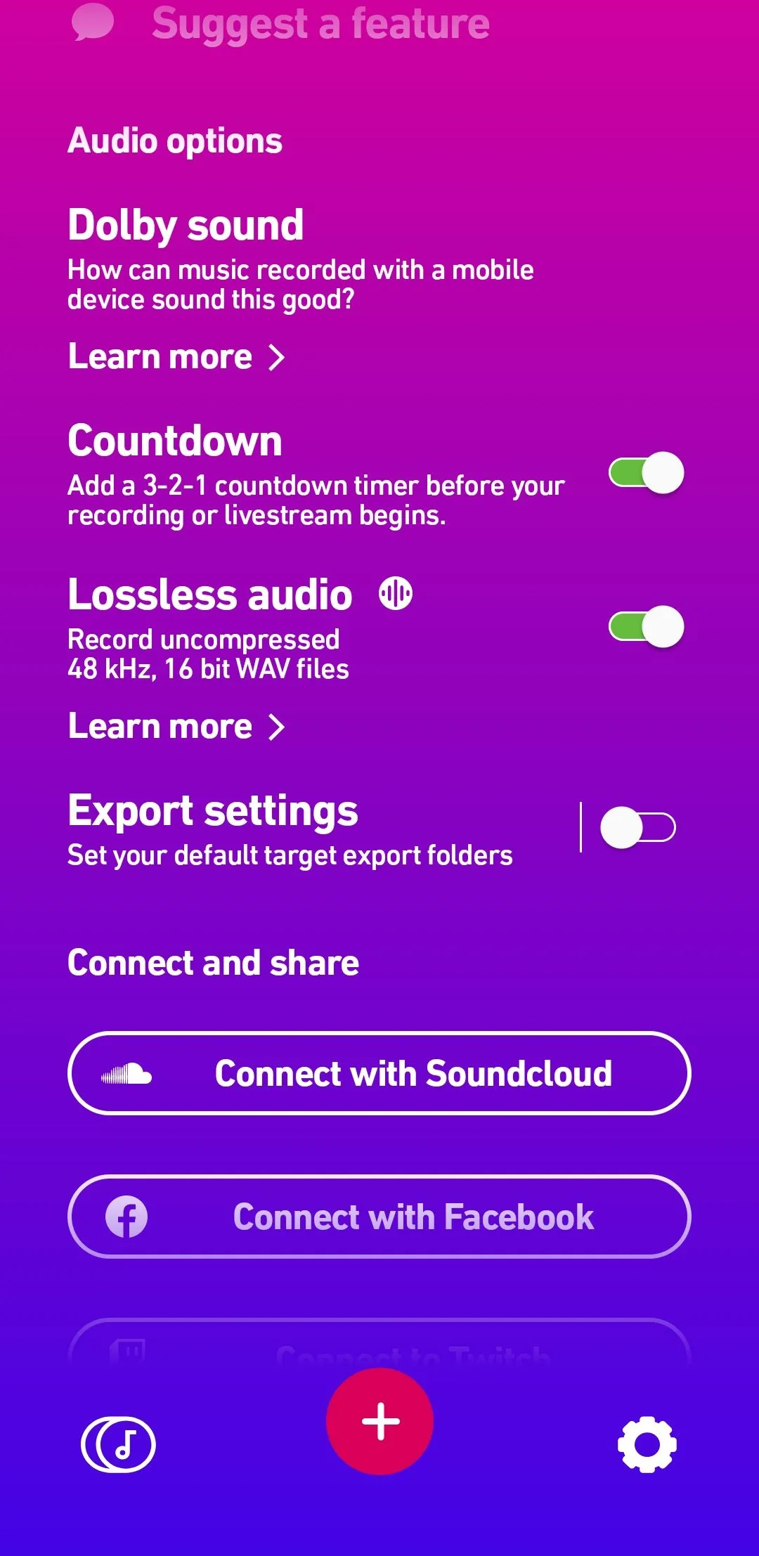 Menu cài đặt của ứng dụng Dolby On, nơi người dùng có thể kích hoạt tính năng hẹn giờ đếm ngược ghi âm.