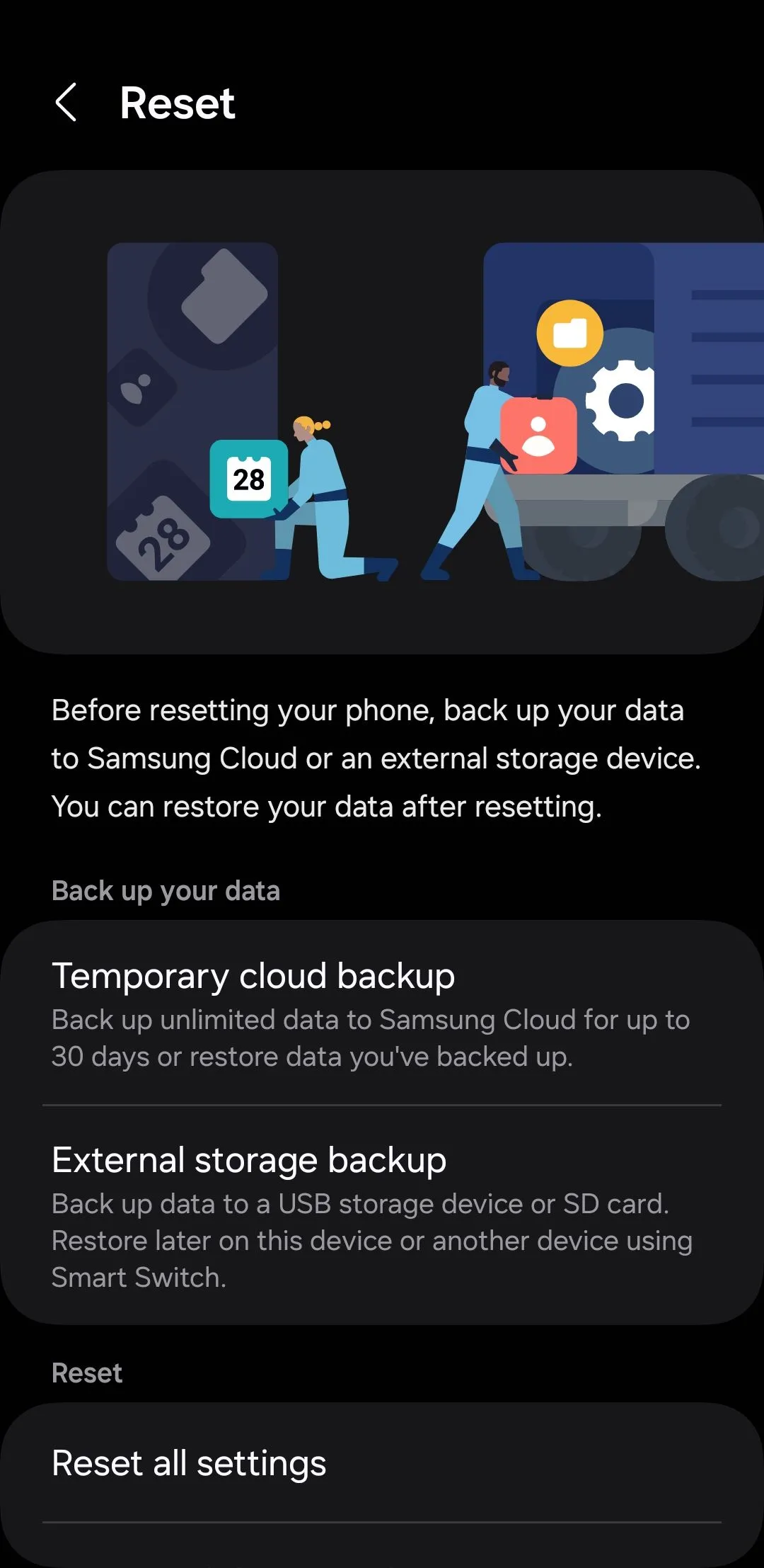 Menu cài đặt đặt lại trên điện thoại Samsung
