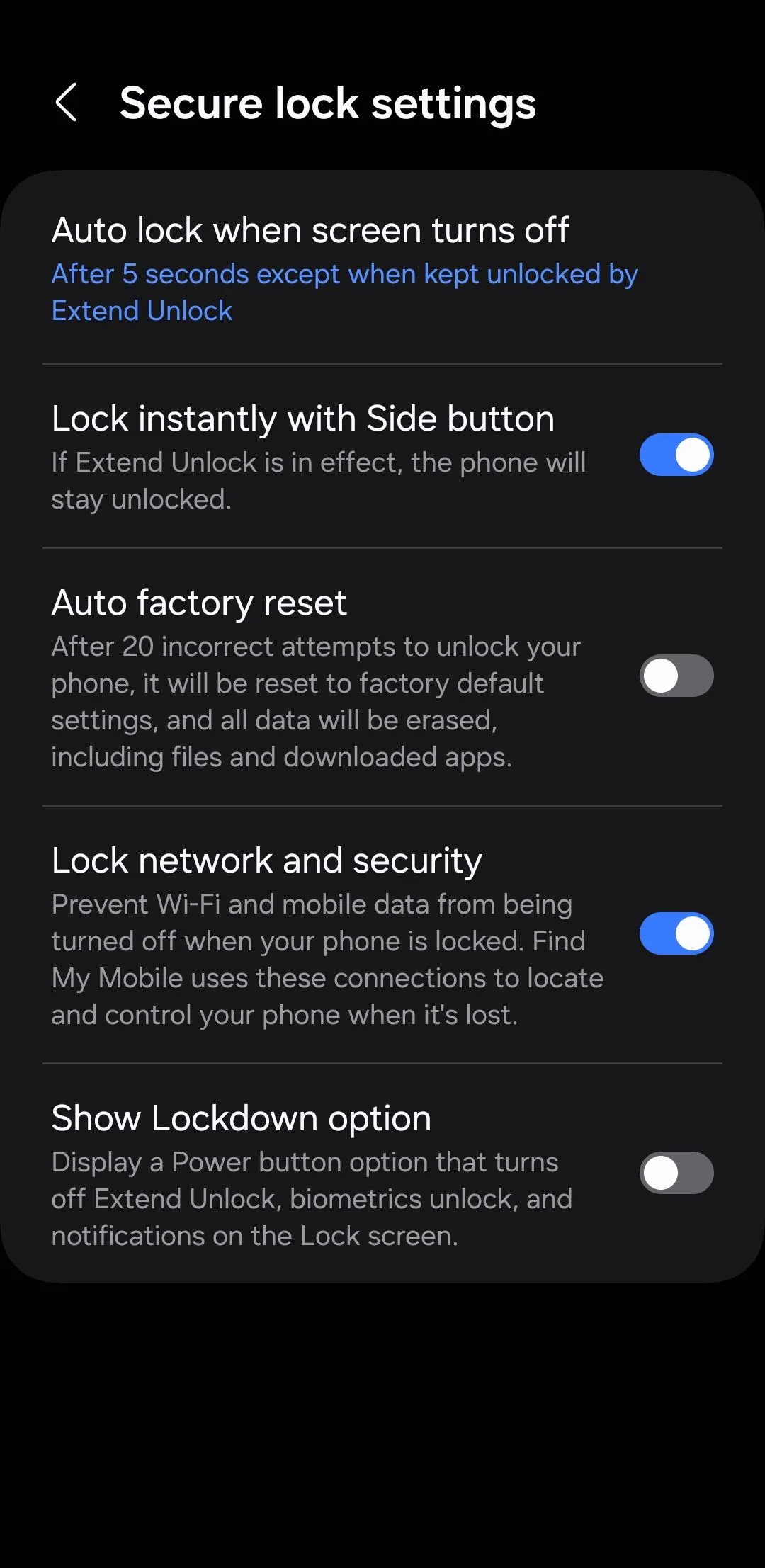 Menu cài đặt khóa an toàn trên Android để tắt truy cập nhanh