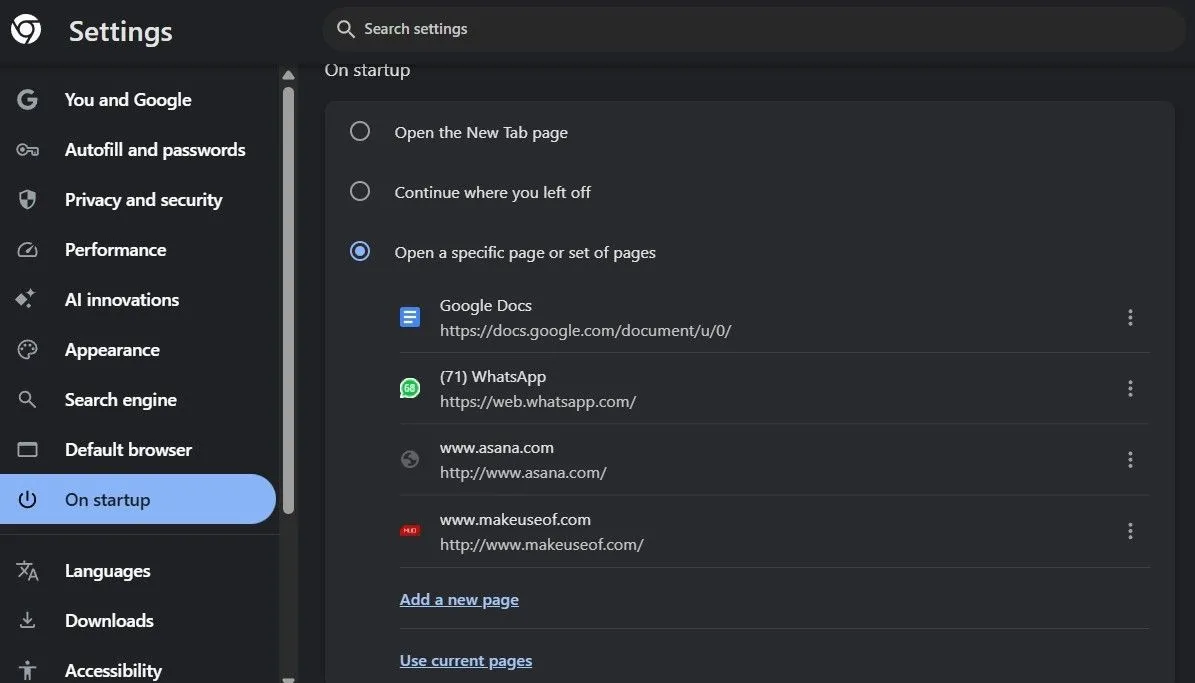 Menu cài đặt khởi động của Google Chrome trên máy tính, cho phép cấu hình các trang tự mở khi khởi động