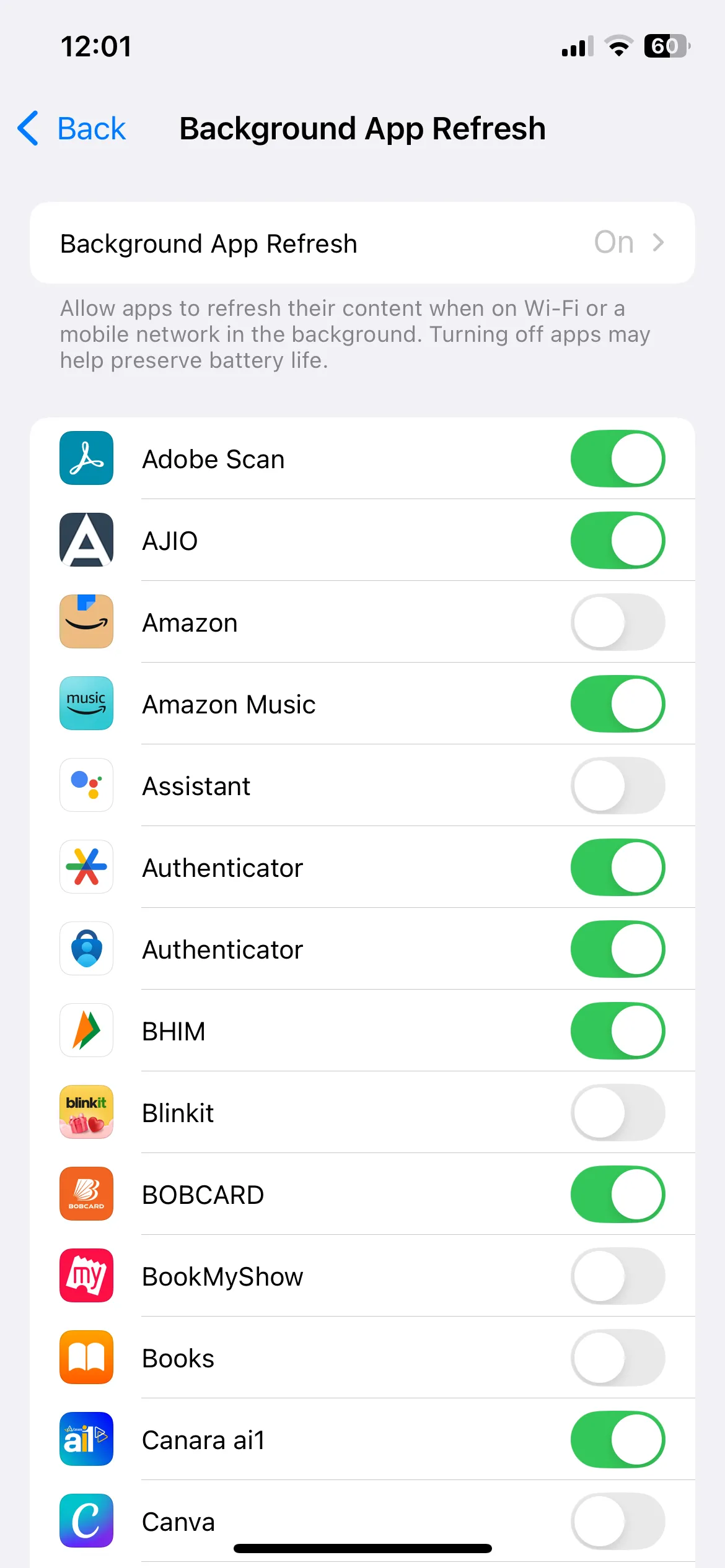 Menu cài đặt Làm mới ứng dụng trong nền trên iPhone, cho phép quản lý hoạt động ngầm của ứng dụng