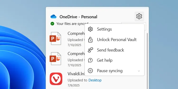 Menu cài đặt OneDrive trên Windows, nơi người dùng có thể quản lý đồng bộ.