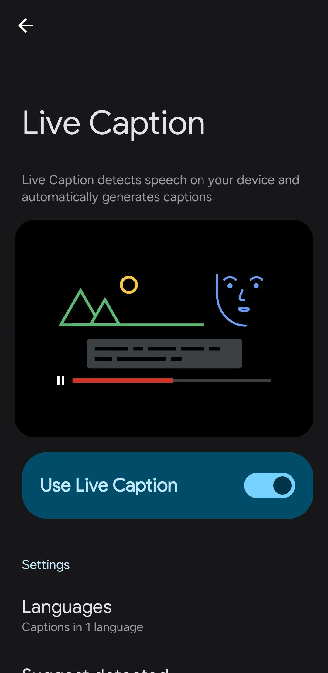 Menu cài đặt Phụ đề trực tiếp (Live Caption) trên Android, hiển thị tùy chọn bật/tắt tính năng tự động tạo phụ đề