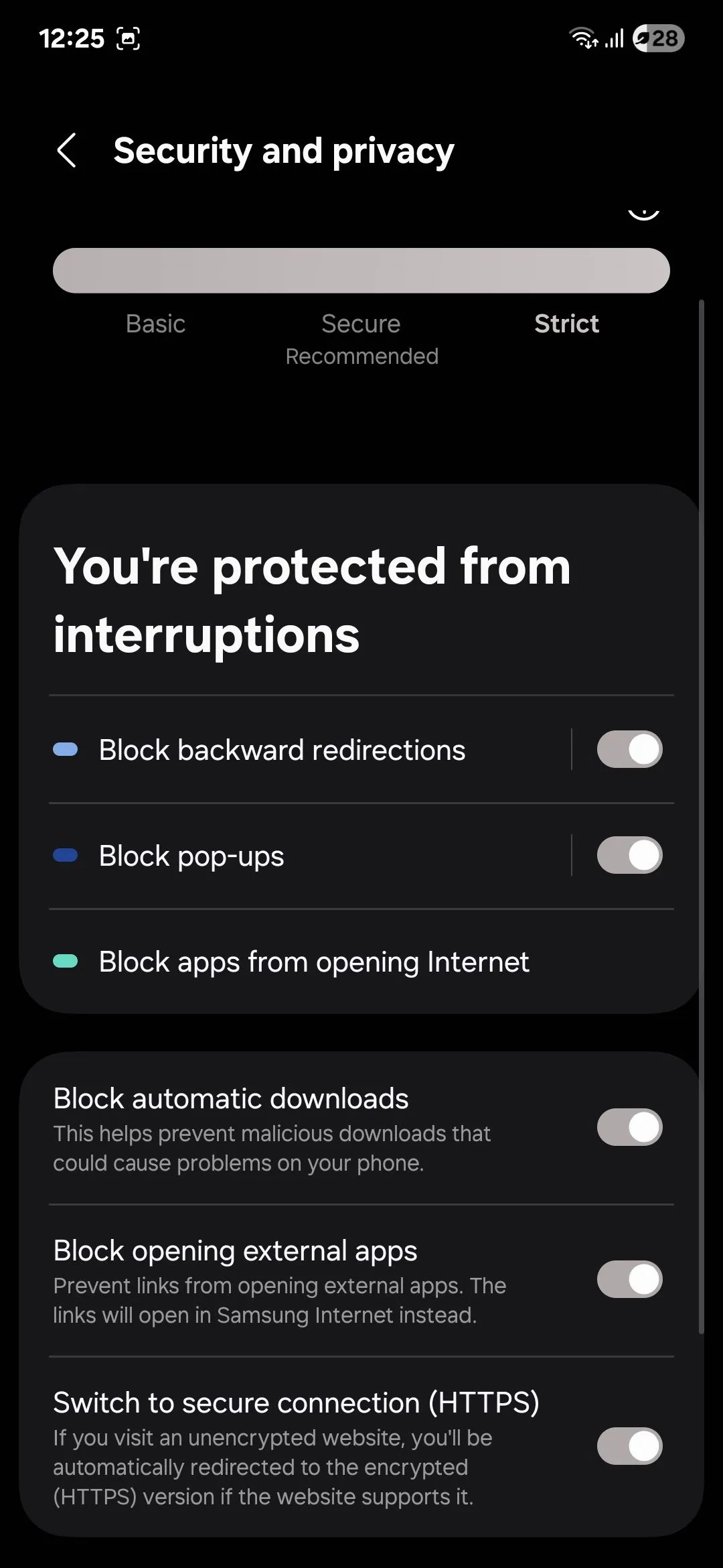 Menu cài đặt quyền riêng tư và bảo mật của Samsung Internet, bao gồm tùy chọn Chế độ bí mật
