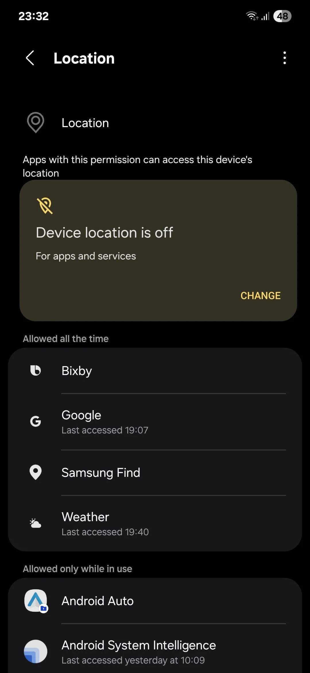 Menu cài đặt quyền truy cập vị trí của ứng dụng trên Samsung Android