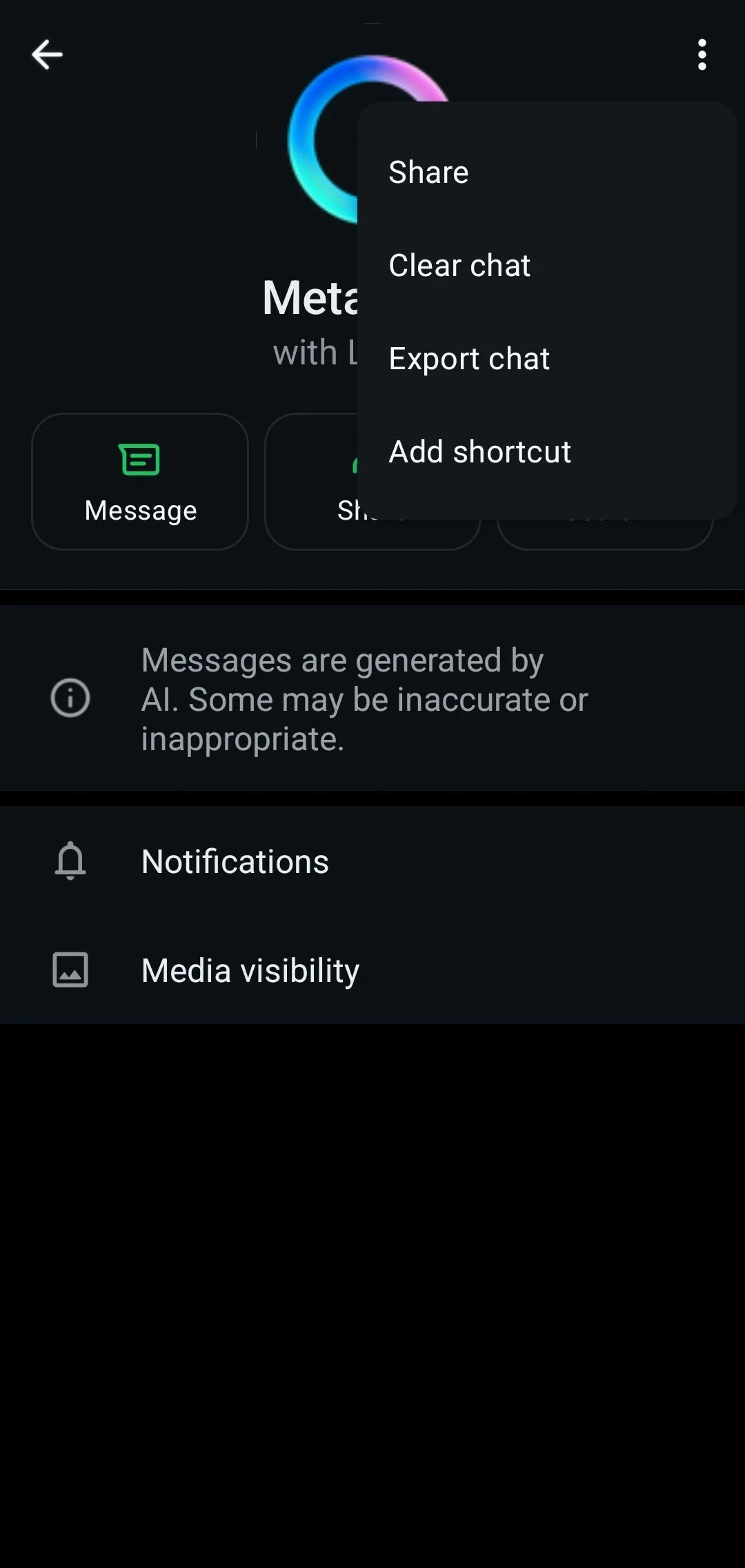 Menu cài đặt tài khoản WhatsApp không có tùy chọn tắt Meta AI