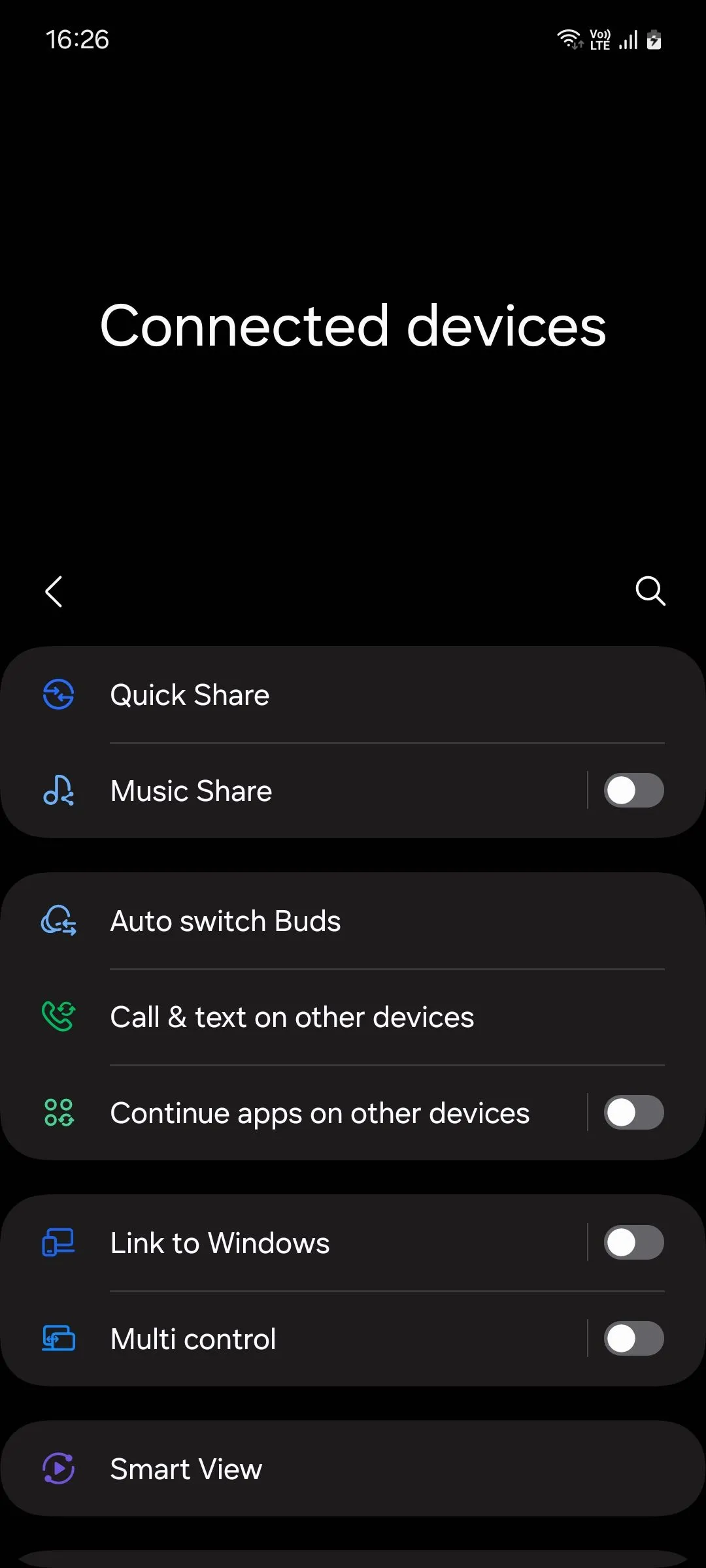 Menu cài đặt thiết bị kết nối trên Samsung One UI 6.1 hiển thị tùy chọn Quick Share