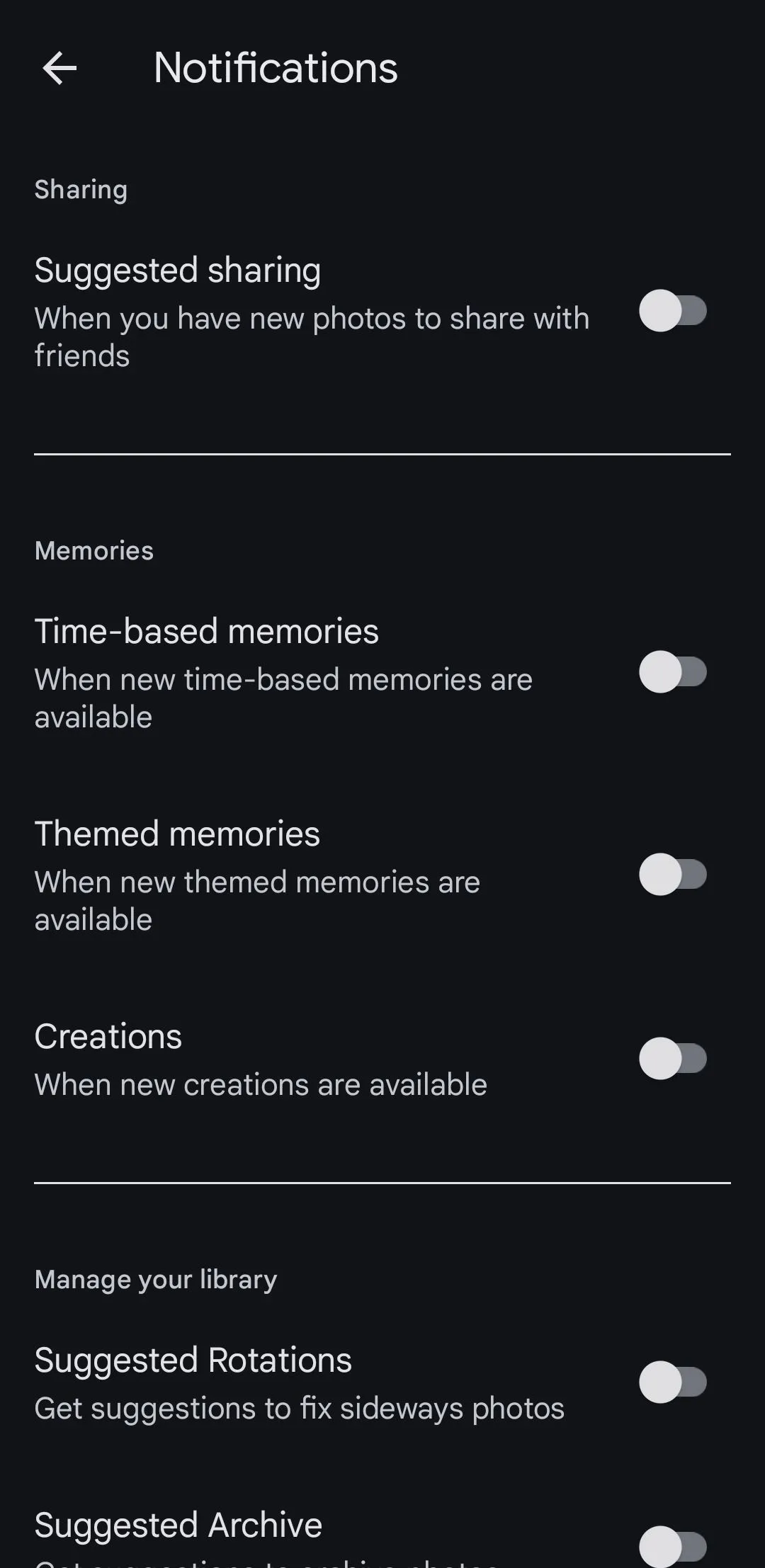 Menu cài đặt thông báo của Google Photos trên thiết bị Android