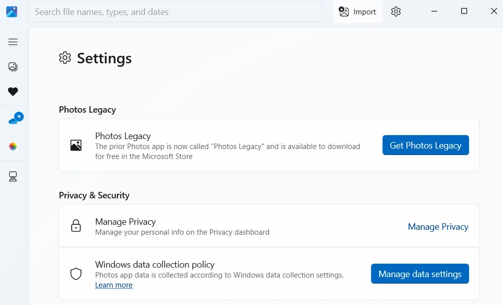 Menu Cài Đặt Trong Ứng Dụng Microsoft Photos Trên Windows 11 Để Truy Cập Photos Legacy