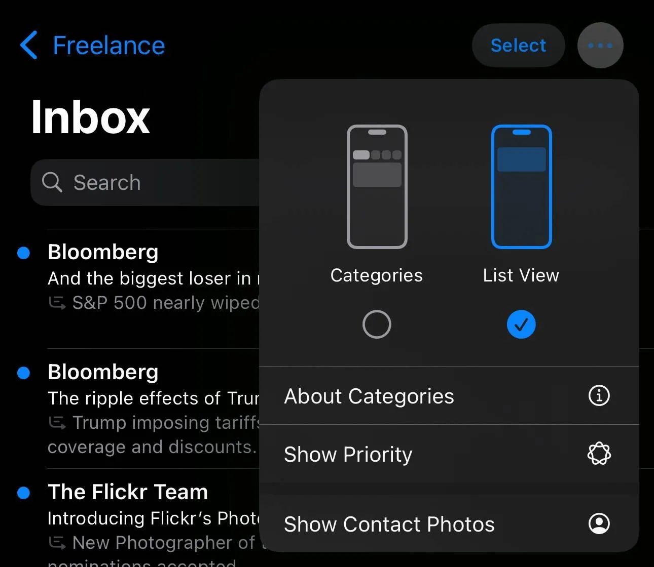 Menu cài đặt ứng dụng Mail trên iOS 18.5 beta 1 hiển thị các tùy chọn để tắt &quot;Hiển thị ảnh liên hệ&quot; và &quot;Hộp thư ưu tiên&quot;, giúp khôi phục giao diện Mail cũ.
