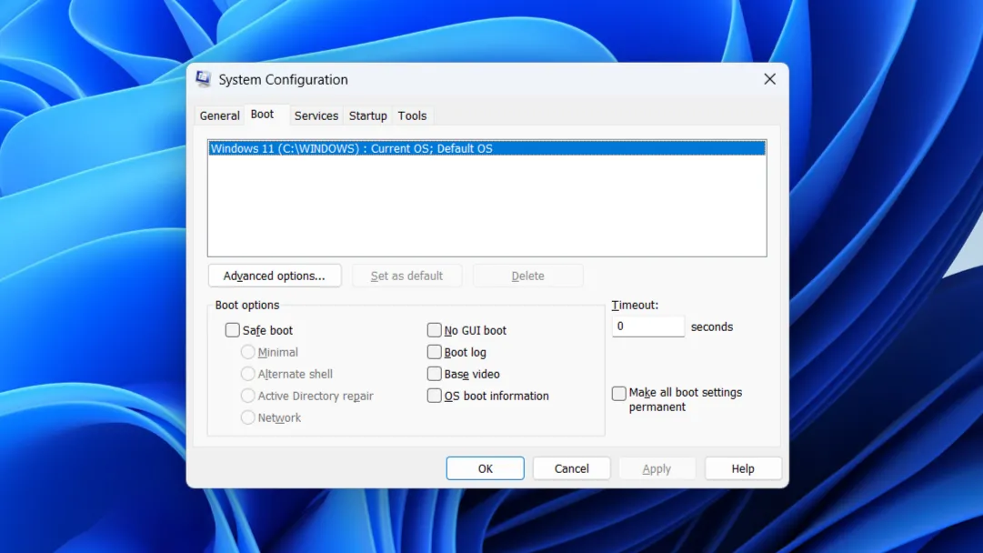 Menu Cấu hình Hệ thống trong Windows, hiển thị các tùy chọn khởi động và dịch vụ