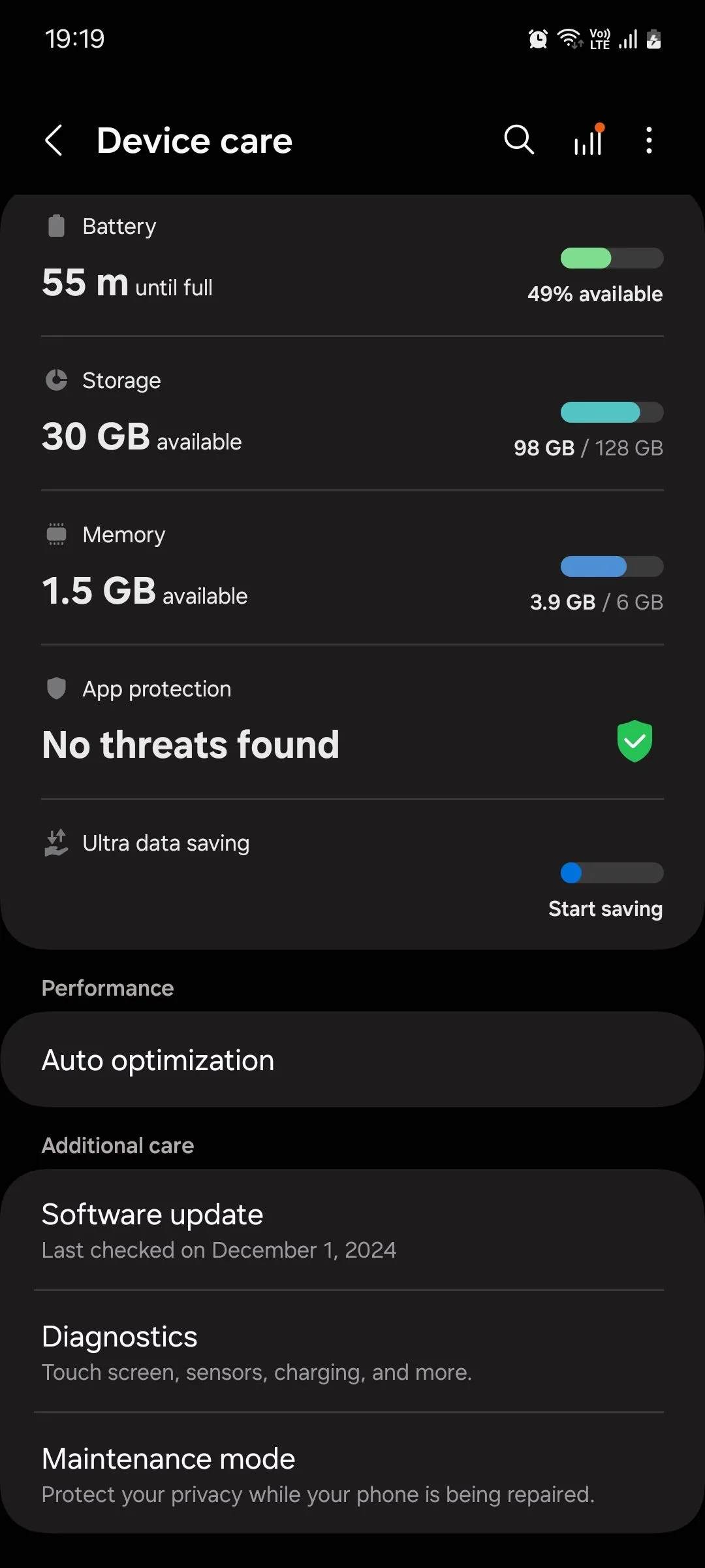 Menu Chăm sóc thiết bị (Device care) trong Samsung One UI giúp tối ưu hiệu suất điện thoại và truy cập các tính năng bảo trì