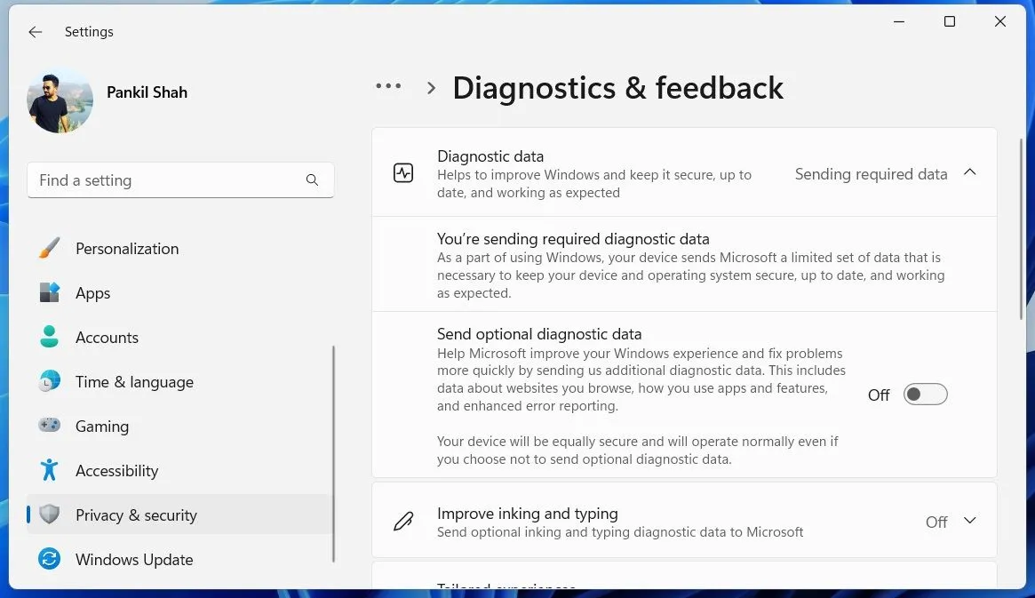 Menu Chẩn đoán trong ứng dụng Cài đặt Windows 11, hiển thị tùy chọn thu thập dữ liệu
