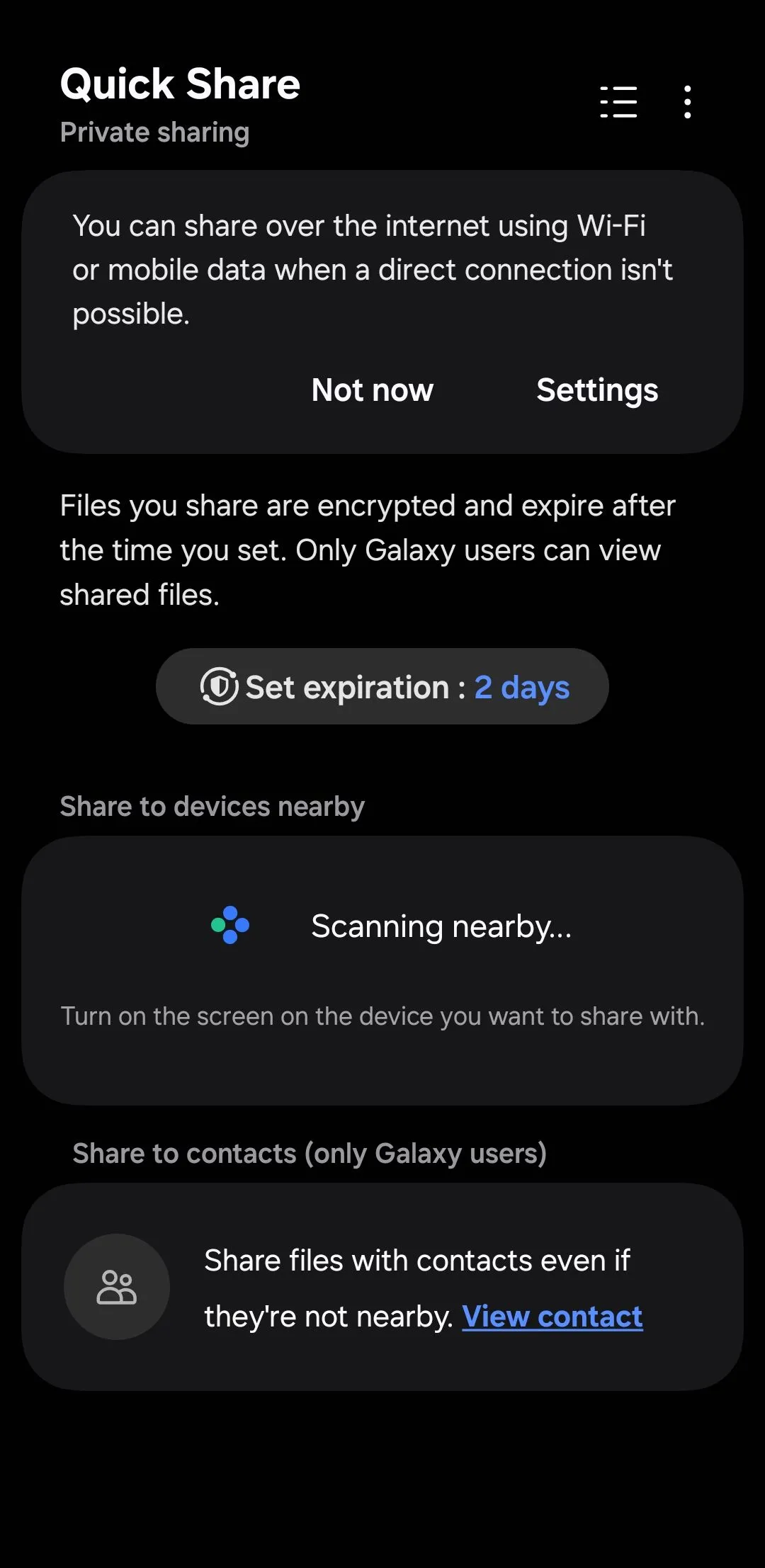 Menu chia sẻ riêng tư (Private Share) trên điện thoại Samsung để chuyển file an toàn