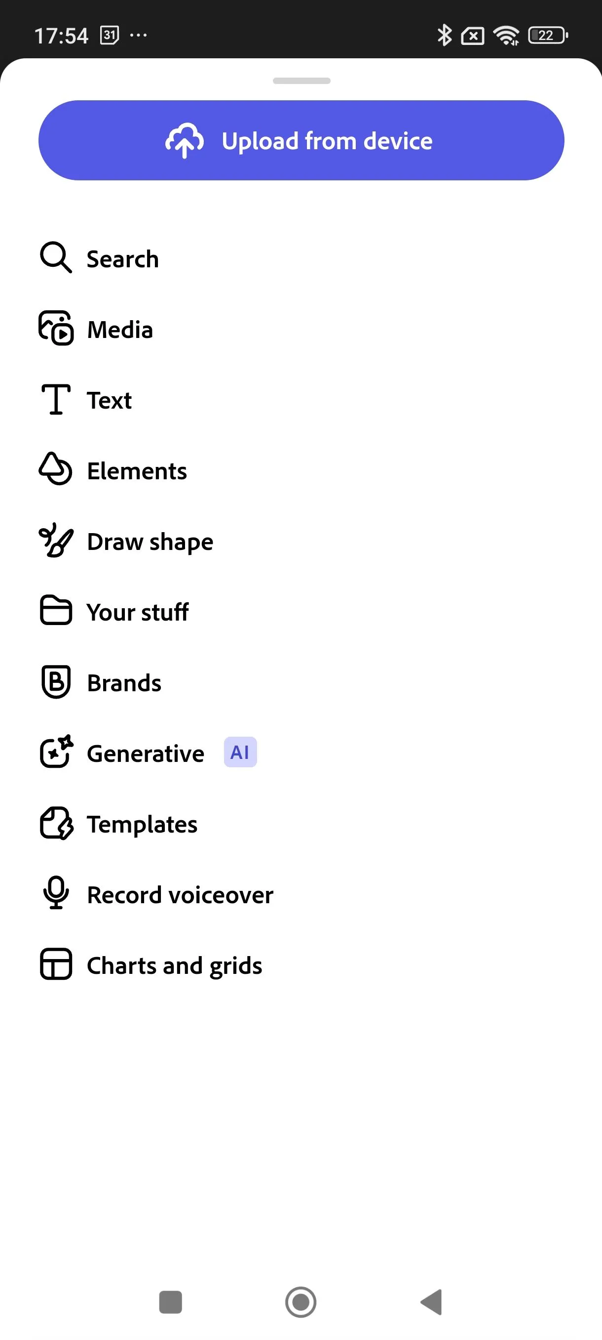 Menu chính của ứng dụng Adobe Express trên điện thoại di động