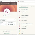 Menu chính ExpressVPN hiển thị danh sách vị trí máy chủ để kết nối, giúp bảo vệ quyền riêng tư trực tuyến.