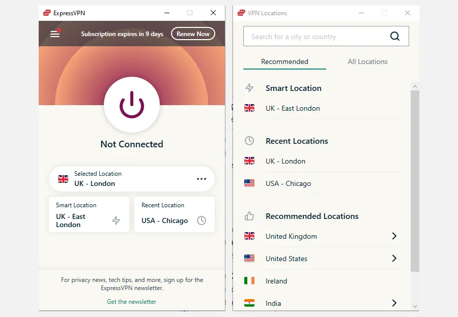Menu chính ExpressVPN hiển thị danh sách vị trí máy chủ để kết nối, giúp bảo vệ quyền riêng tư trực tuyến.
