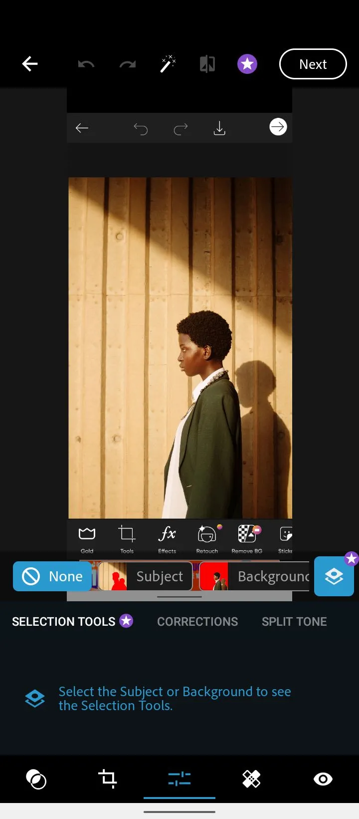 Menu chỉnh sửa trong ứng dụng Adobe Photoshop Express, hiển thị các tùy chọn và công cụ