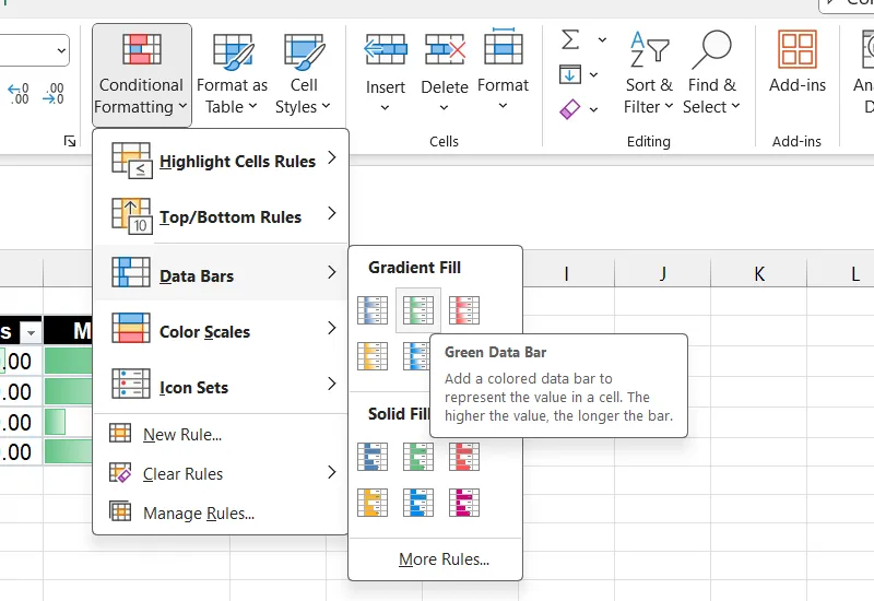 Menu chọn Data Bars trong Định dạng có điều kiện của Excel, minh họa cách thêm thanh dữ liệu trực quan.