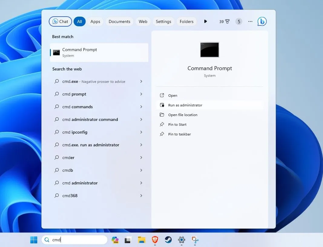 Menu chuột phải trên biểu tượng Command Prompt hiển thị tùy chọn 'Run as Administrator' để chạy SDelete