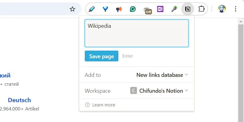 Menu của Notion Web Clipper hiển thị các tùy chọn lưu trang web vào không gian làm việc Notion.