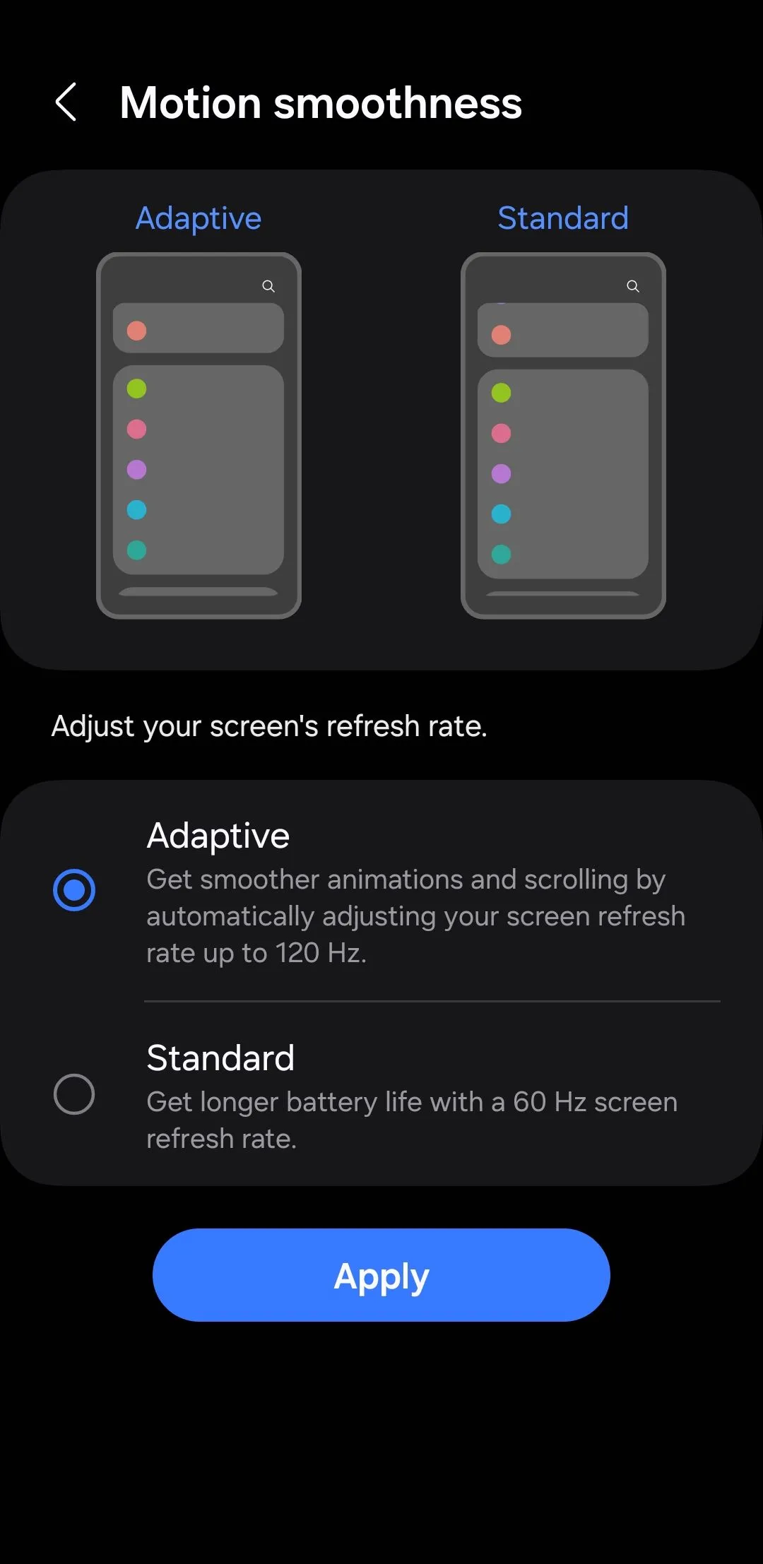 Menu điều chỉnh độ mượt chuyển động (tần số quét) trên điện thoại Samsung Android