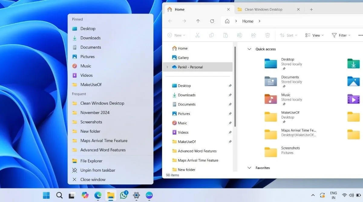Menu Jump List của Taskbar và cửa sổ File Explorer đang mở trên desktop Windows