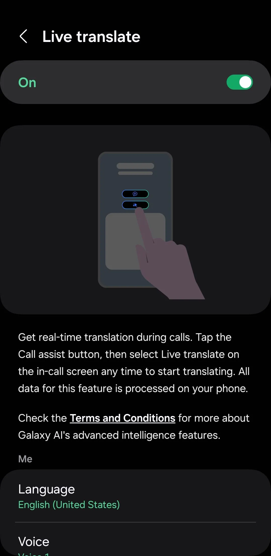 Menu Live Translate trong ứng dụng Samsung Phone