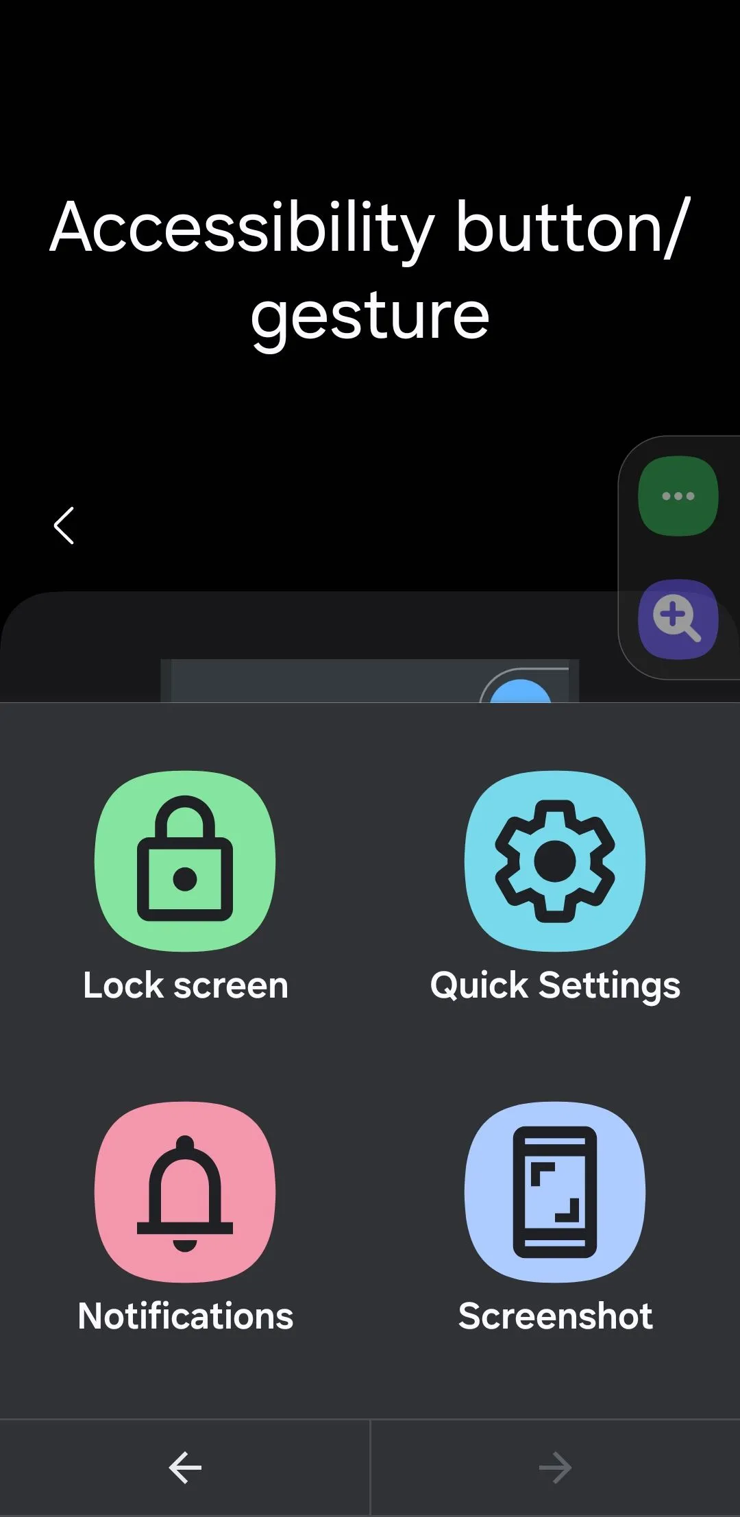 Menu lối tắt trợ năng đang hiển thị trên màn hình Android, cung cấp các tùy chọn nhanh như chụp ảnh màn hình, khóa màn hình