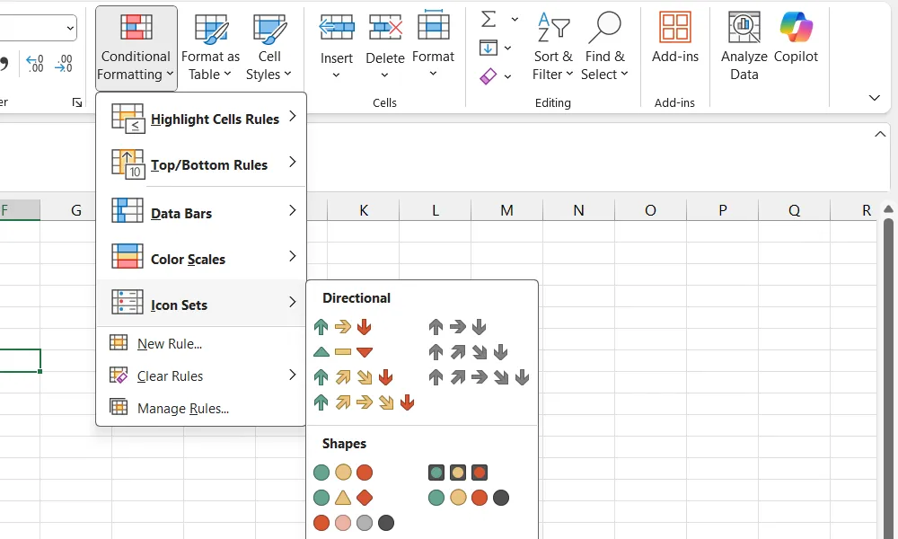 Menu lựa chọn bộ biểu tượng (Icon Sets) trong tính năng Định dạng có điều kiện của Excel.