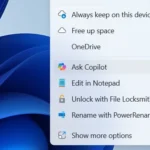 Menu ngữ cảnh File Explorer trên Windows hiển thị tùy chọn "Hỏi Copilot" khi nhấp chuột phải.