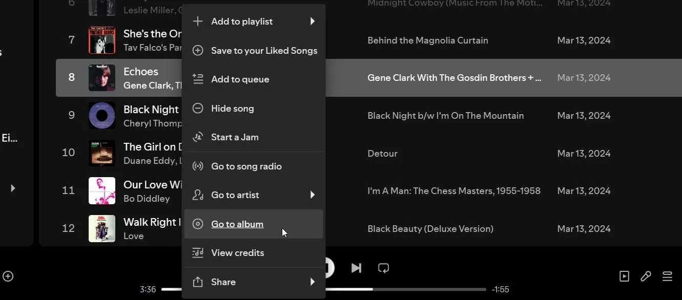 Menu ngữ cảnh Spotify với tùy chọn Go to album (Đi đến album)