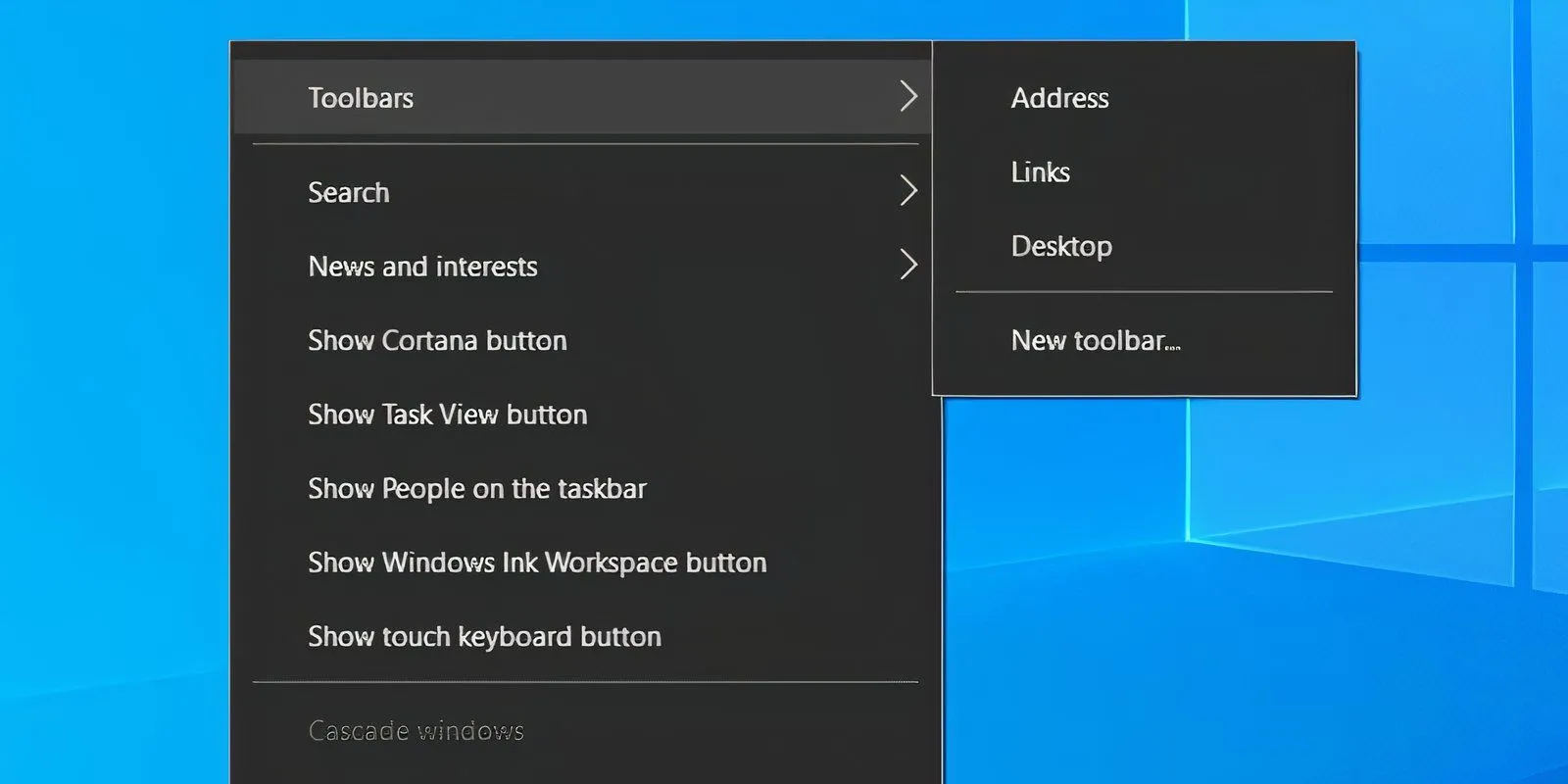 Menu ngữ cảnh Taskbar Windows 10, lựa chọn Thanh công cụ và Liên kết