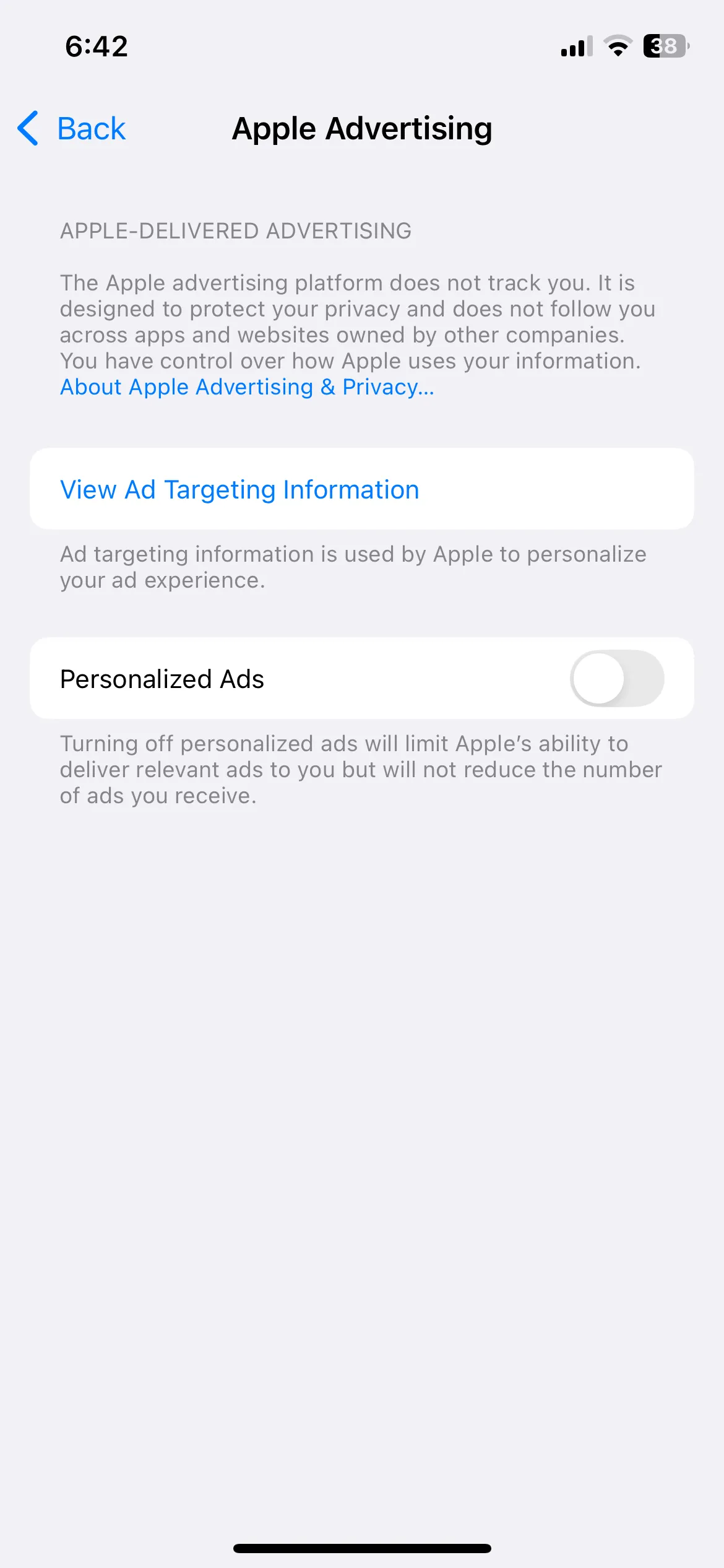 Menu quảng cáo của Apple trong ứng dụng Cài đặt iPhone để vô hiệu hóa.