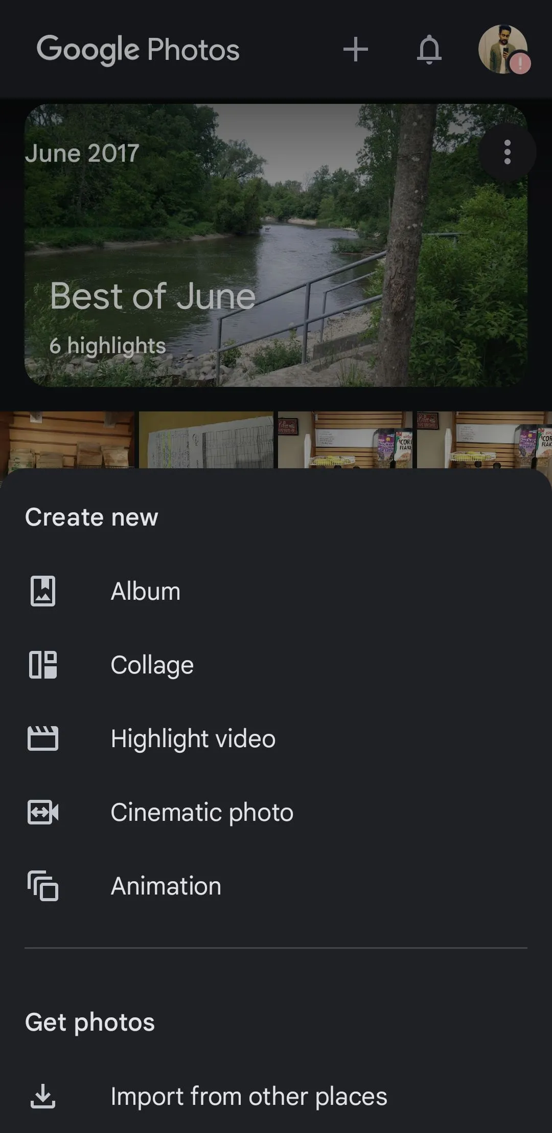 Menu tạo ảnh ghép, ảnh động và thước phim trong ứng dụng Google Photos