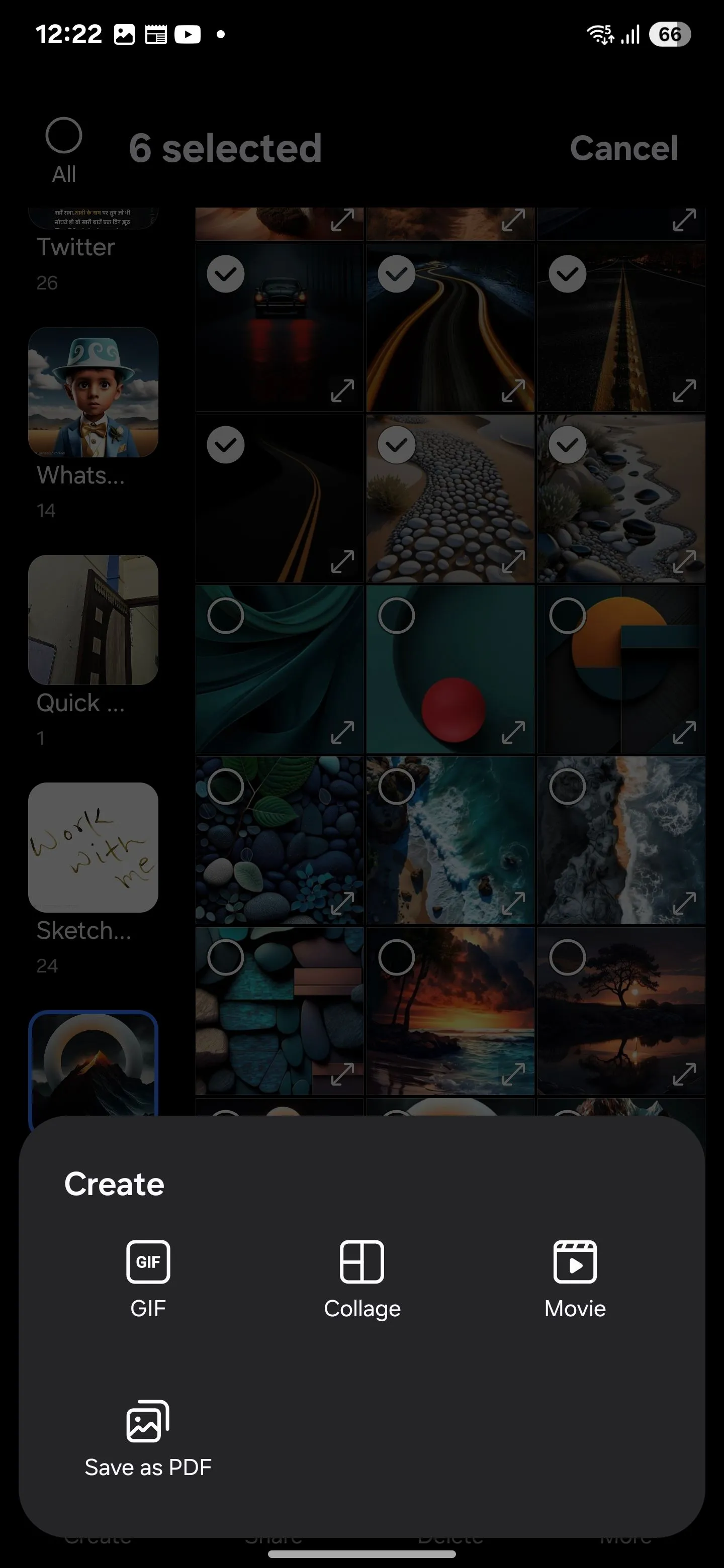 Menu &quot;Tạo&quot; trong Samsung Gallery hiển thị các tùy chọn như GIF, Ghép ảnh, Phim và Lưu dưới dạng PDF