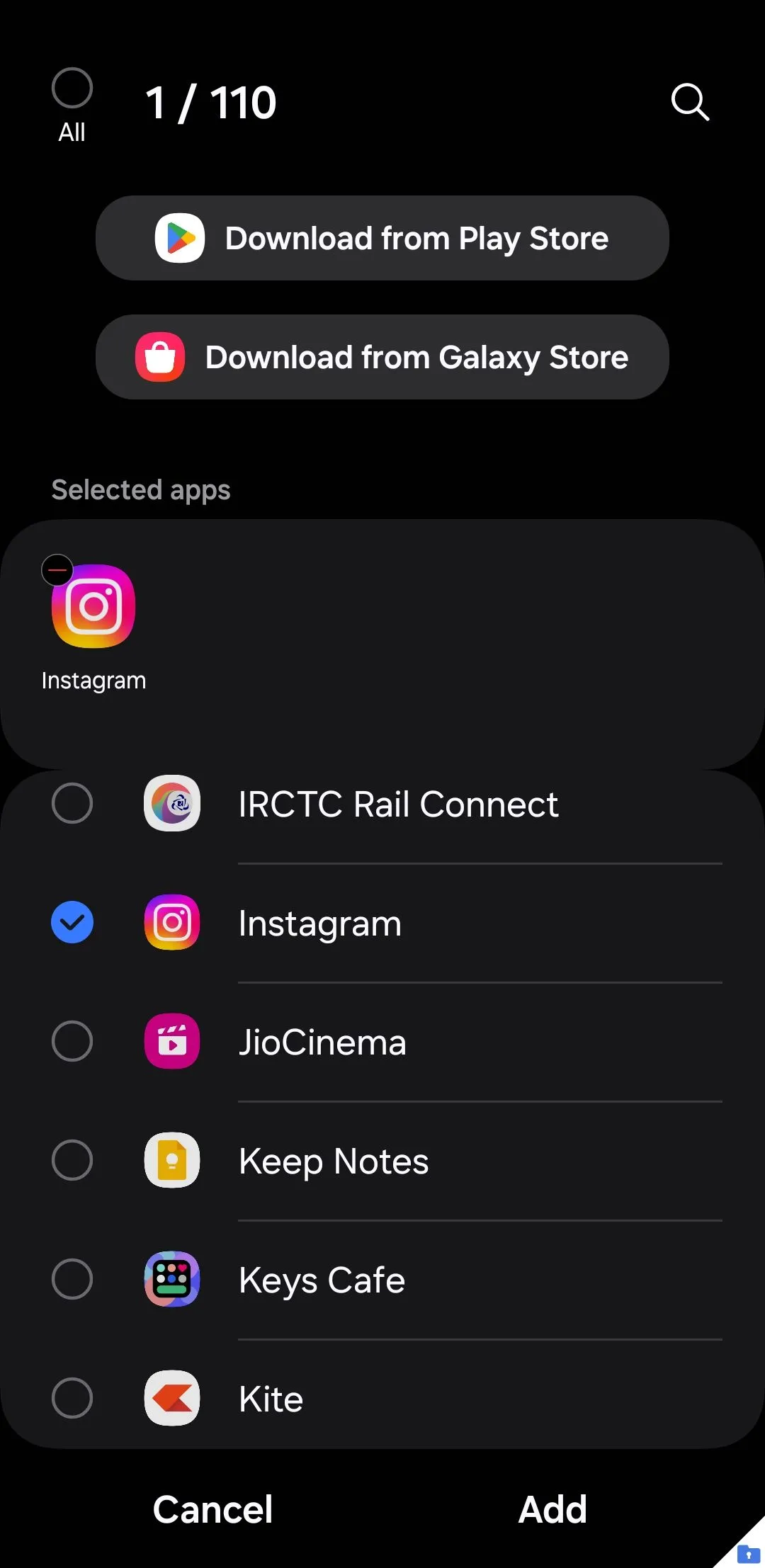 Menu Thêm ứng dụng vào Thư mục Bảo mật trên điện thoại Samsung, hiển thị danh sách các ứng dụng có thể nhân bản