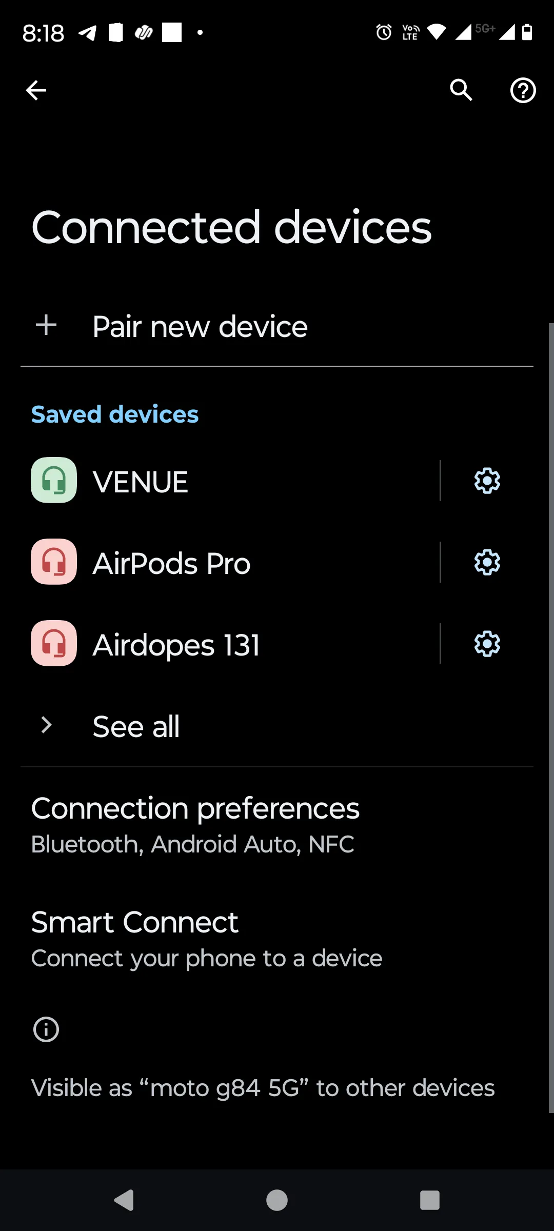 Menu thiết bị đã kết nối trên điện thoại Android.