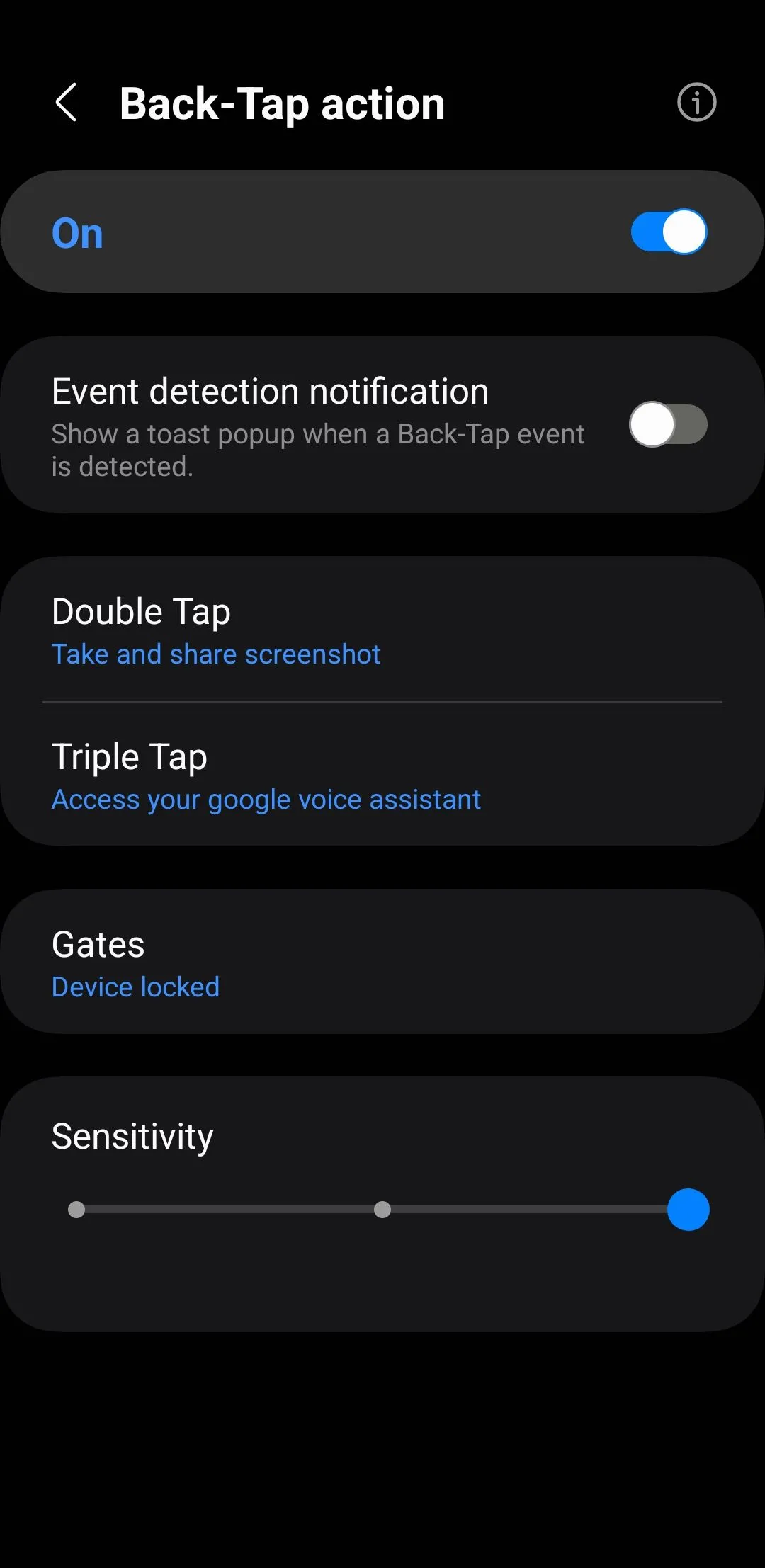 Menu thiết lập cử chỉ chạm lưng (Back Tap) trên điện thoại Samsung thông qua RegiStar