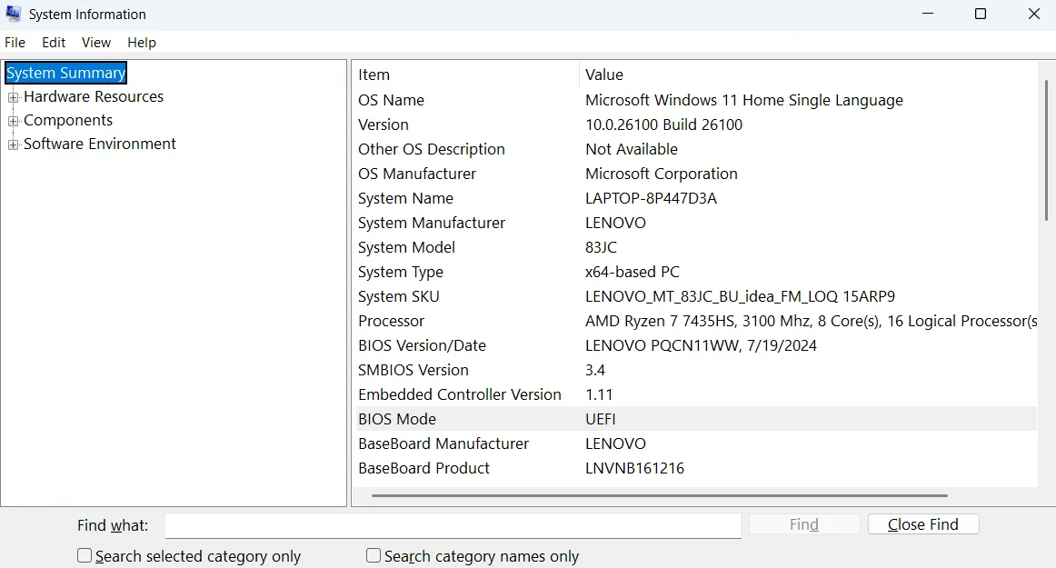 Menu Thông tin Hệ thống trong Windows, hiển thị chi tiết phần cứng và phần mềm