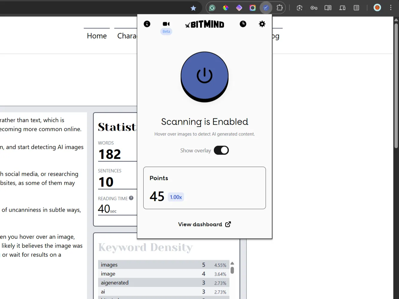 Menu tiện ích Bitmind Chrome với bộ đếm từ ở chế độ nền.