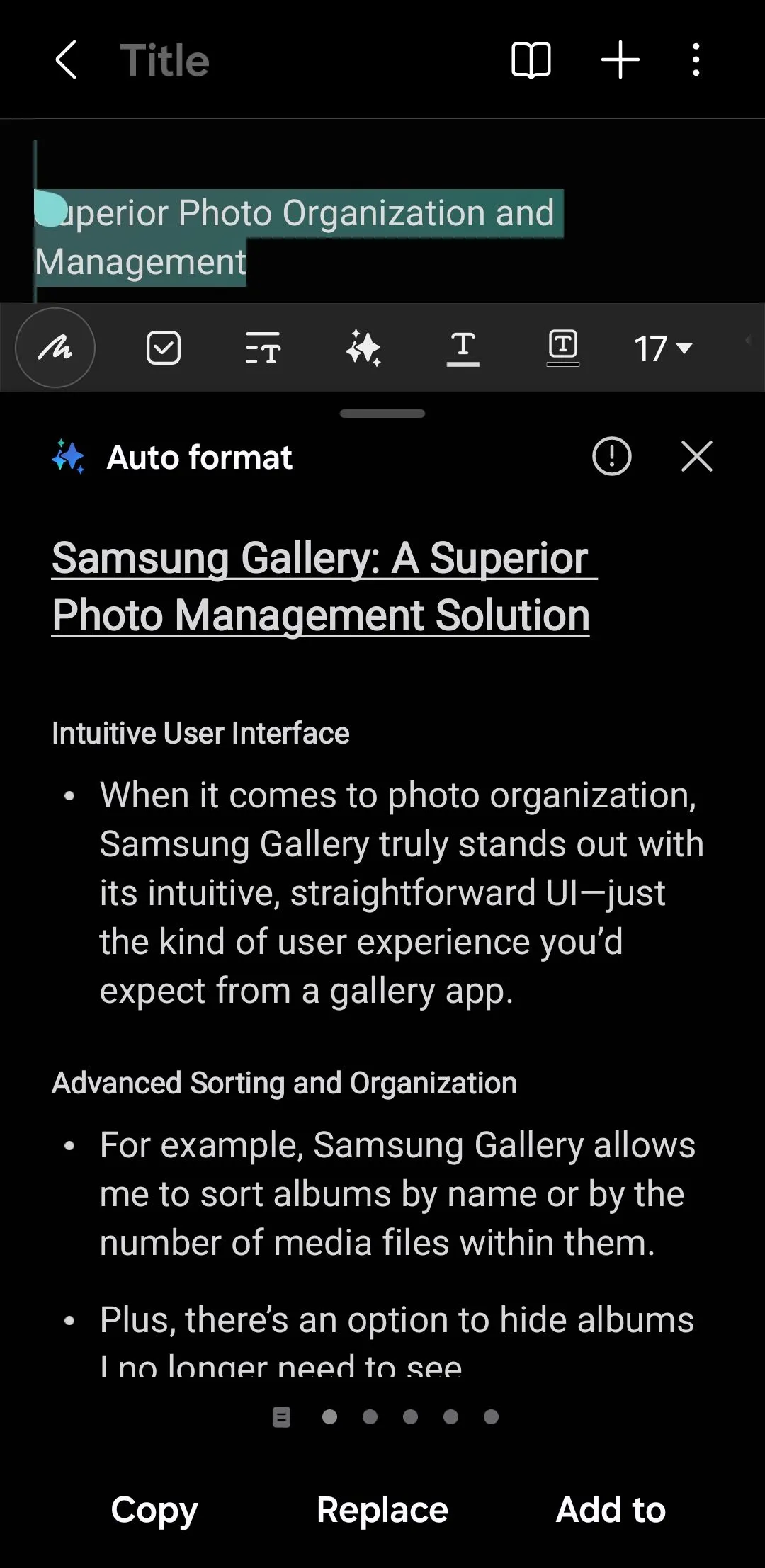 Menu tính năng Tự động định dạng trong ứng dụng Samsung Notes của Galaxy AI