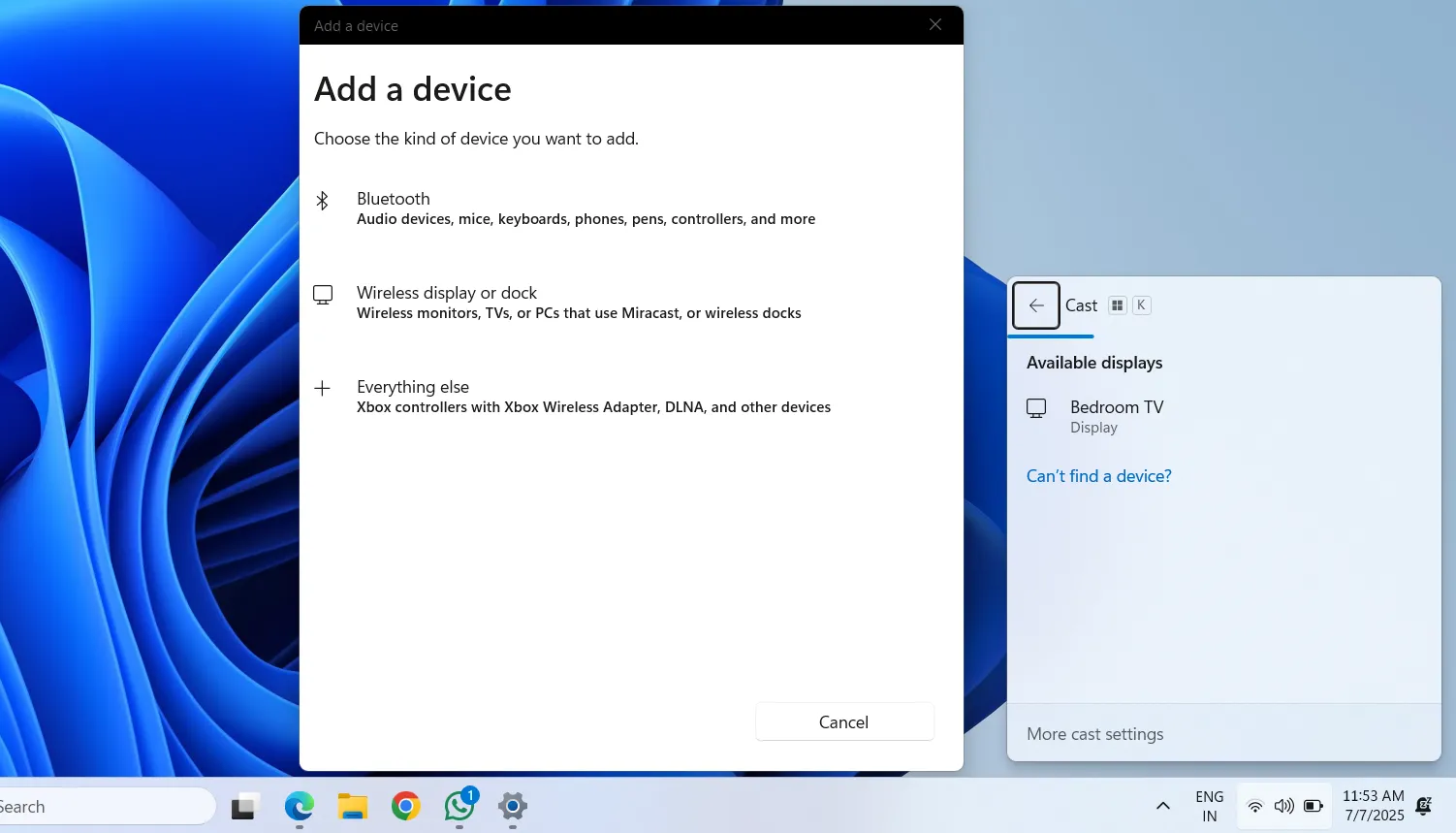 Menu truyền màn hình không dây (Windows + K) trên Windows 11 để kết nối Smart TV.