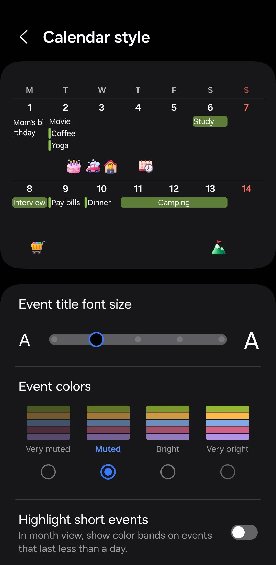 Menu tùy chỉnh kiểu lịch trong ứng dụng Samsung Calendar