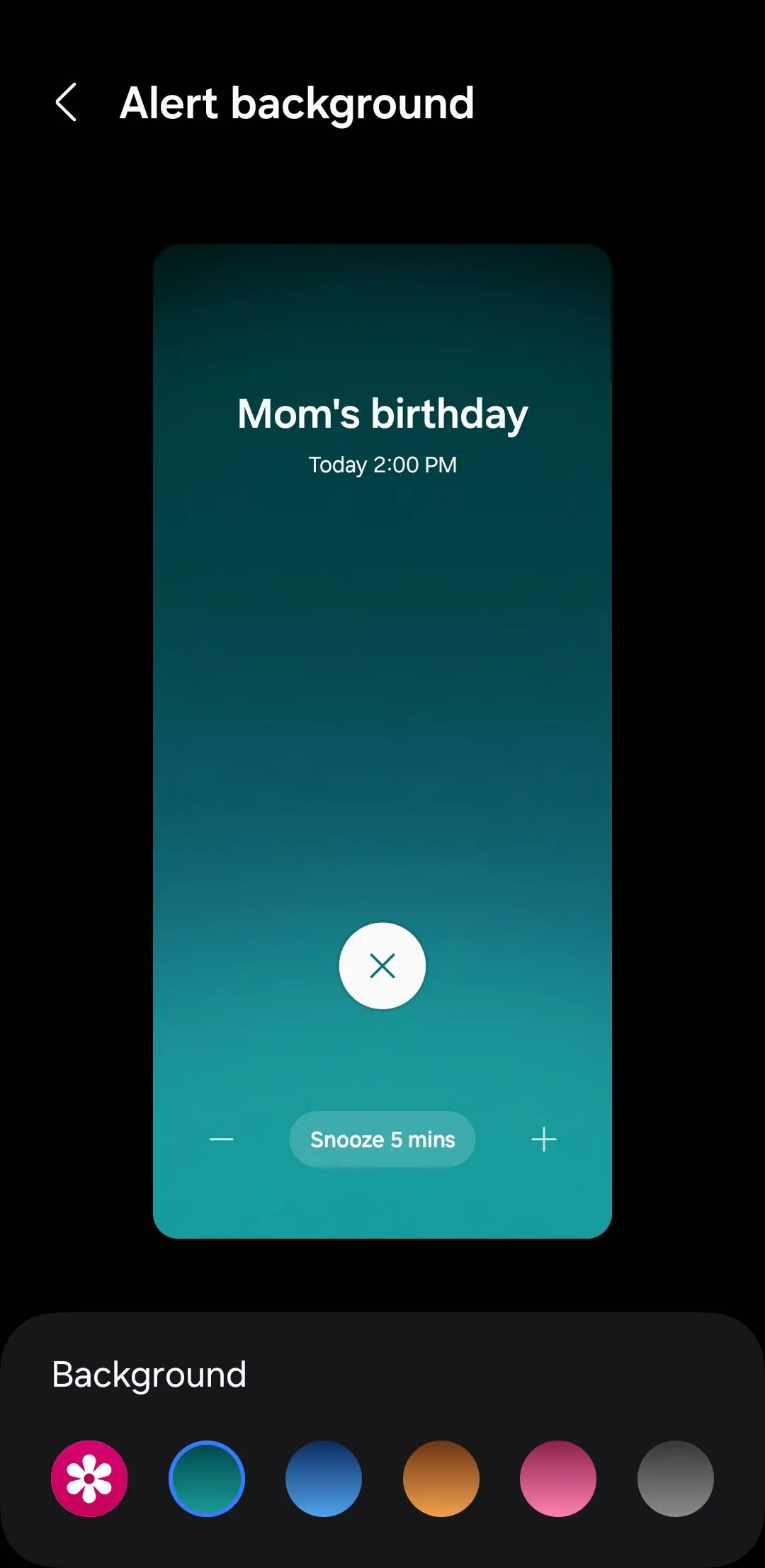 Menu tùy chỉnh nền cảnh báo trong Samsung Calendar