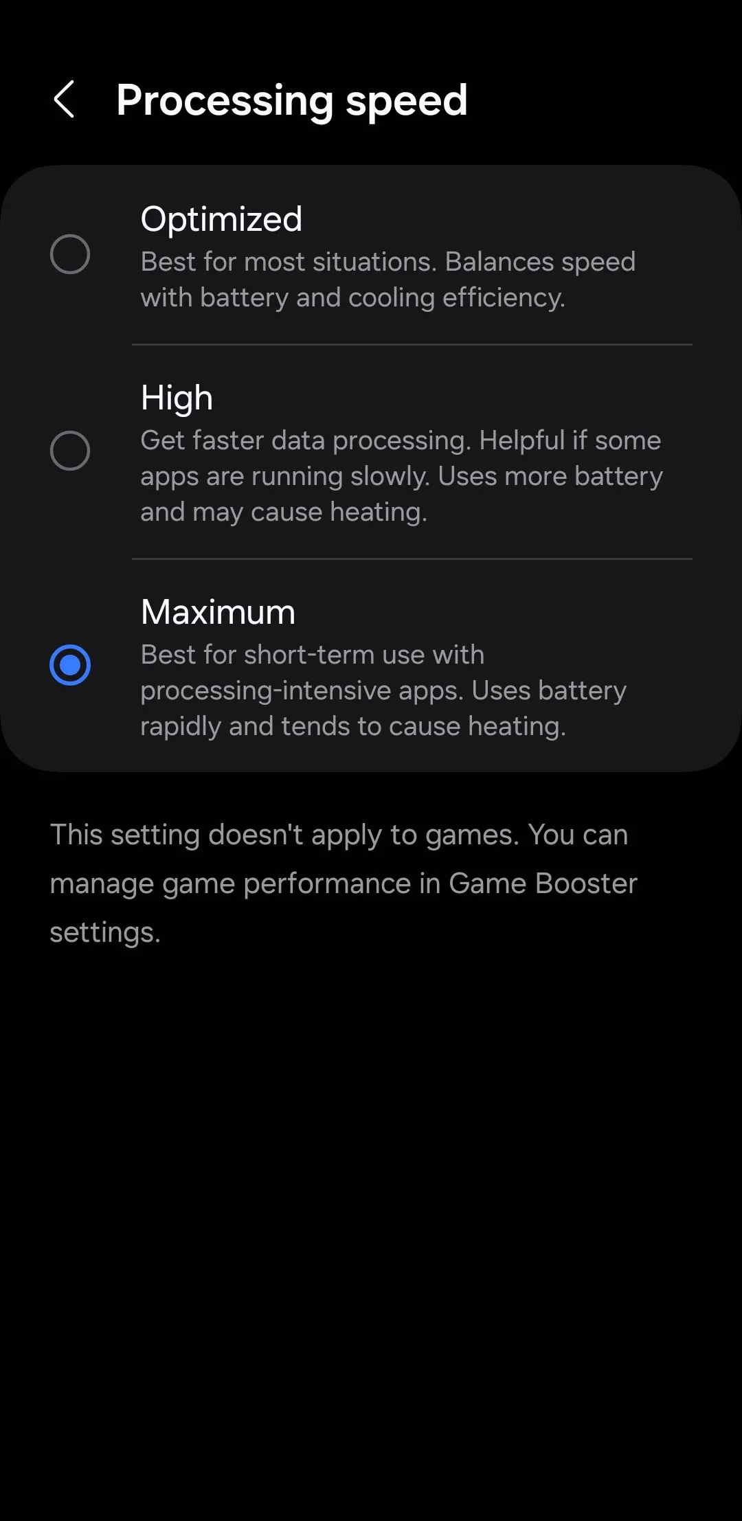 Menu tùy chỉnh tốc độ xử lý trên điện thoại Samsung Galaxy